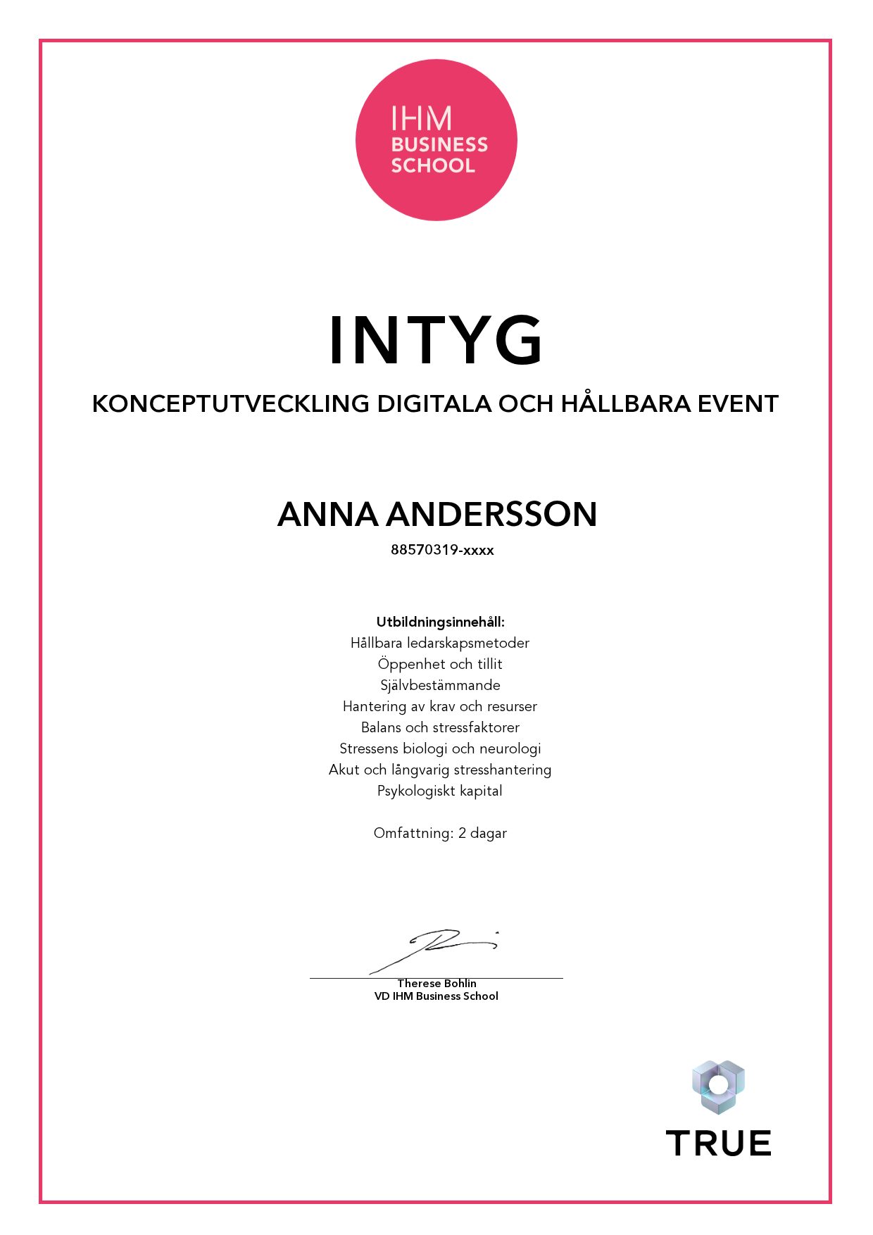 Exempel: diplom för Konceptutveckling digitala och hållbara event från IHM Business School