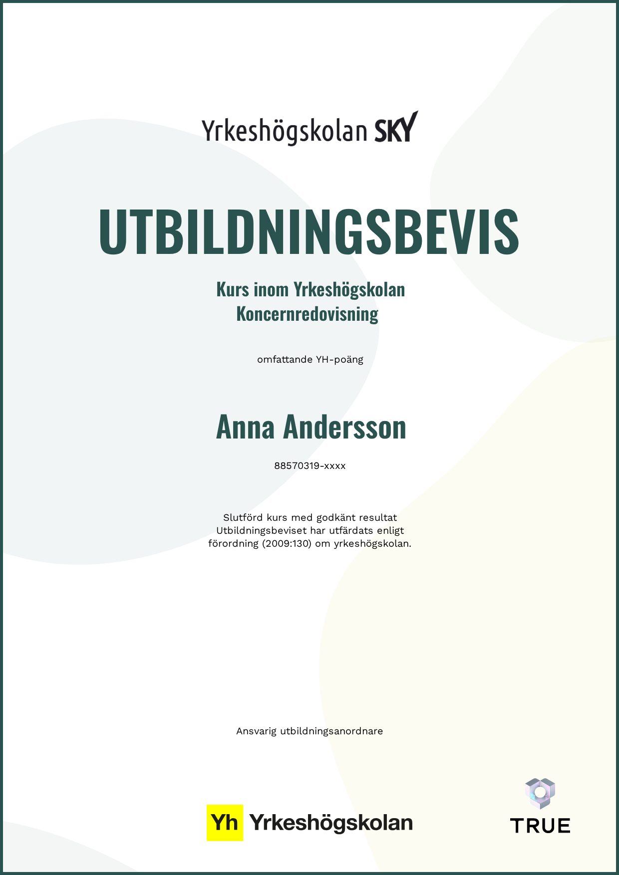 Exempel: diplom för Koncernredovisning från Yrkeshögskolan SKY
