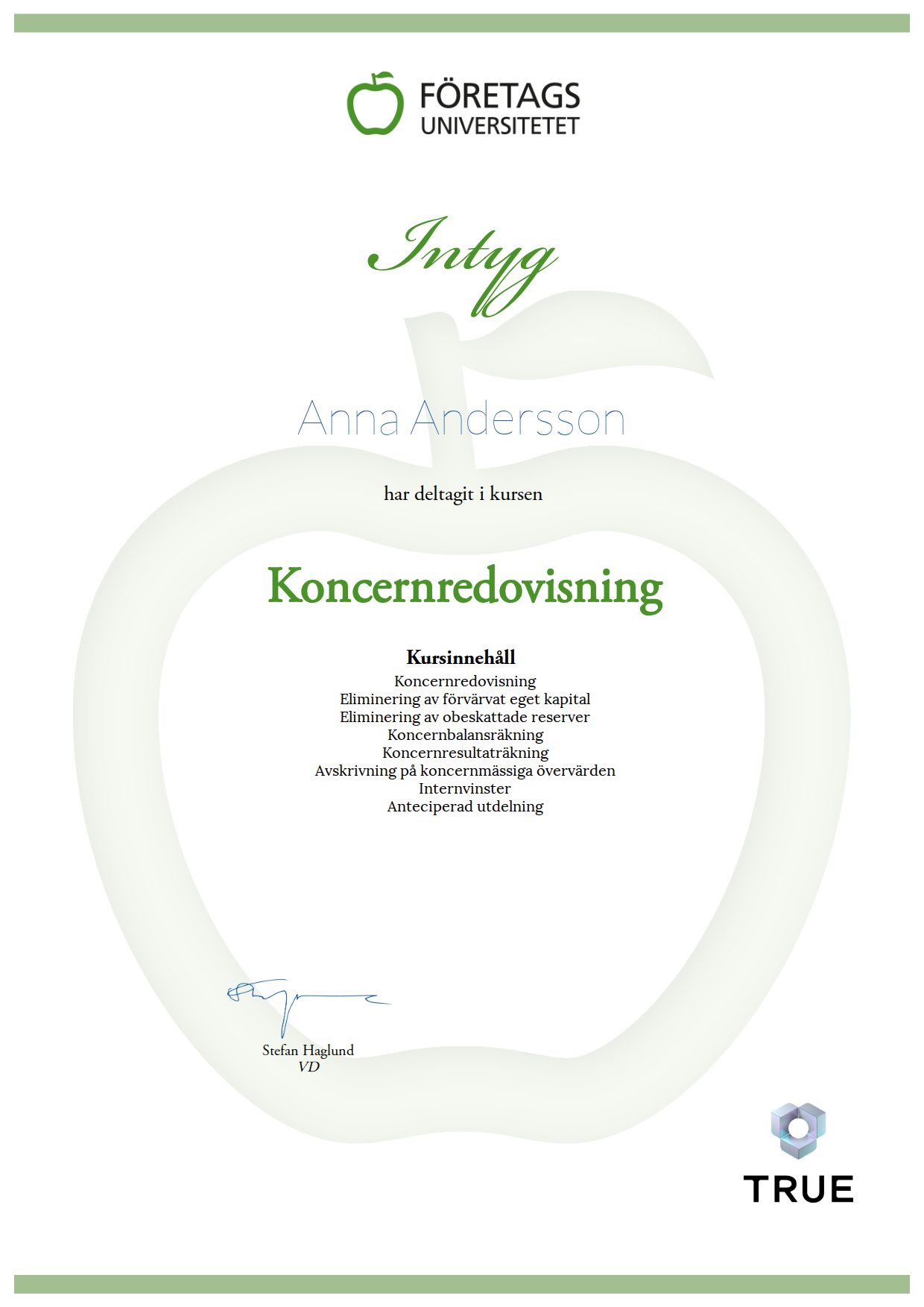 Exempel: diplom för Koncernredovisning från Företagsuniversitetet