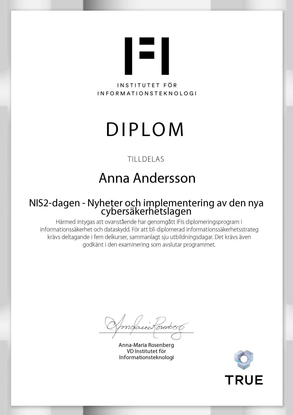 Example certificate for NIS2-dagen - Nyheter och implementering av den nya cybersäkerhetslagen from IFI AB