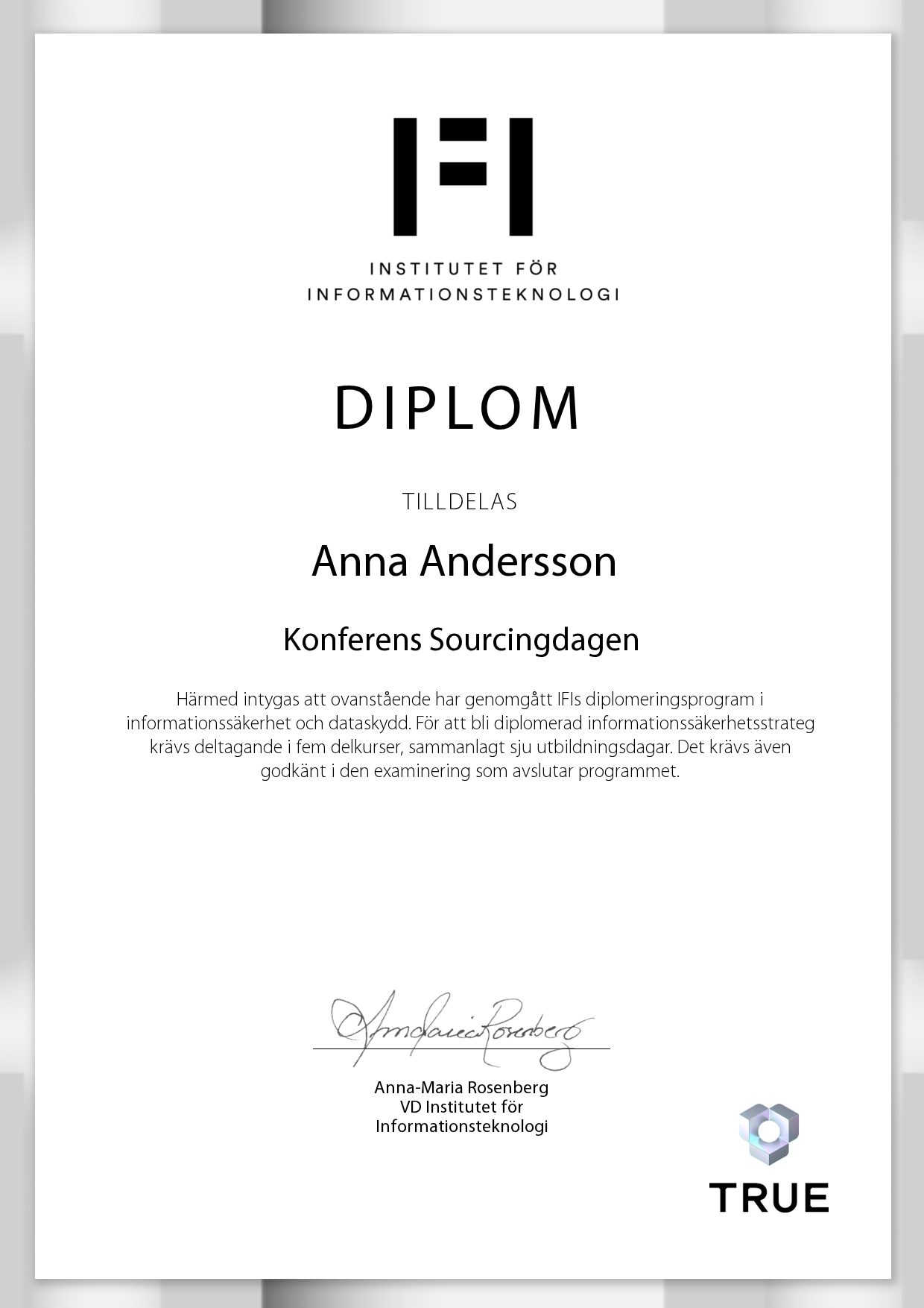 Exempel: diplom för Konferens Sourcingdagen från IFI AB