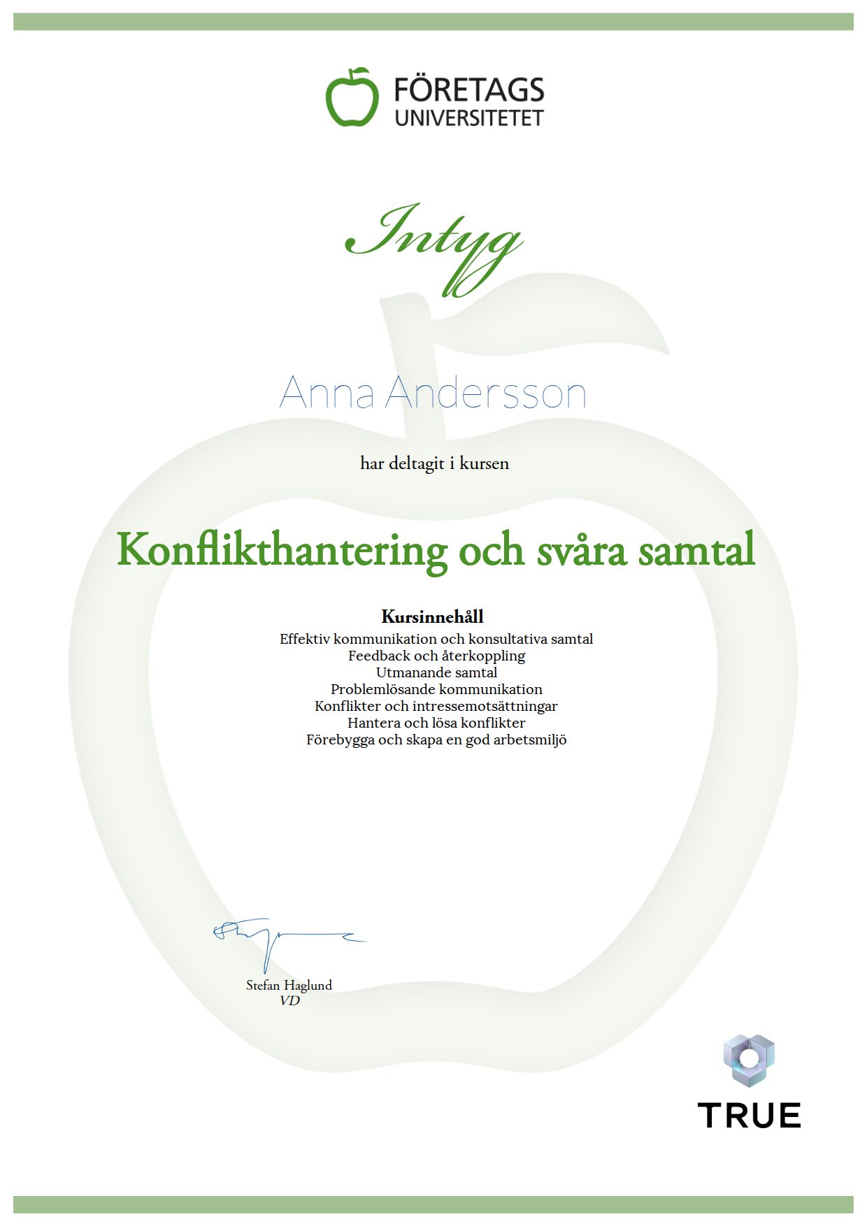 Exempel: diplom för Konflikthantering och svåra samtal från Företagsuniversitetet