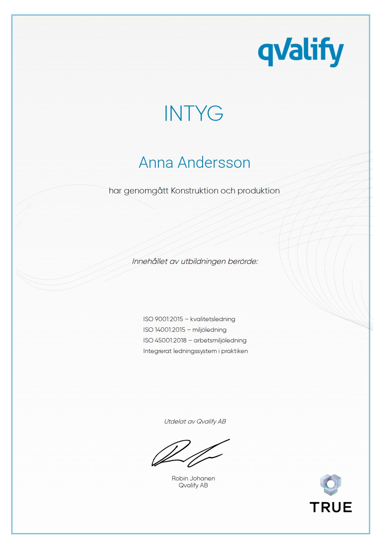 Exempel: diplom för Konstruktion och produktion från Qvalify