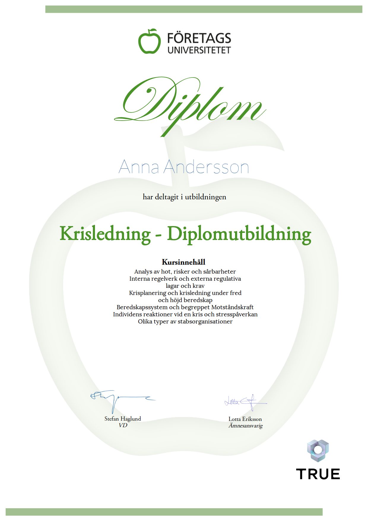 Exempel: diplom för Krisledning - Diplomutbildning från Företagsuniversitetet