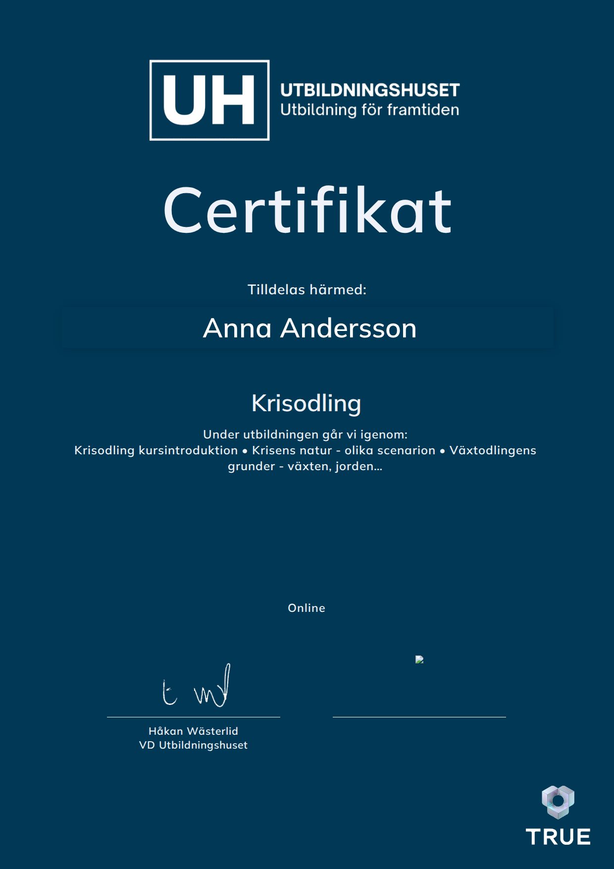 Exempel: diplom för Krisodling från Education Online