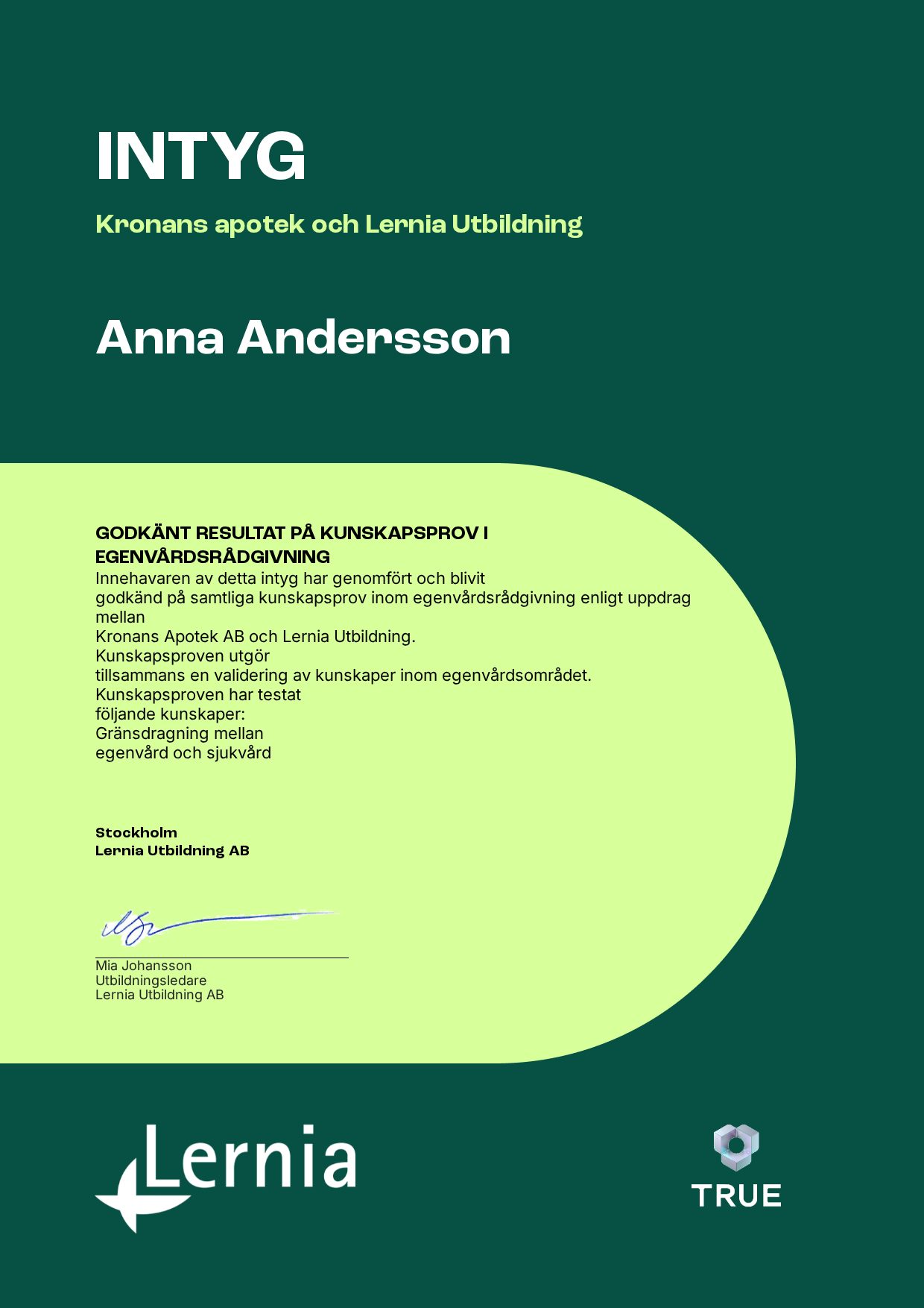 Example certificate for Kronans apotek och Lernia Utbildning from Lernia Utbildning