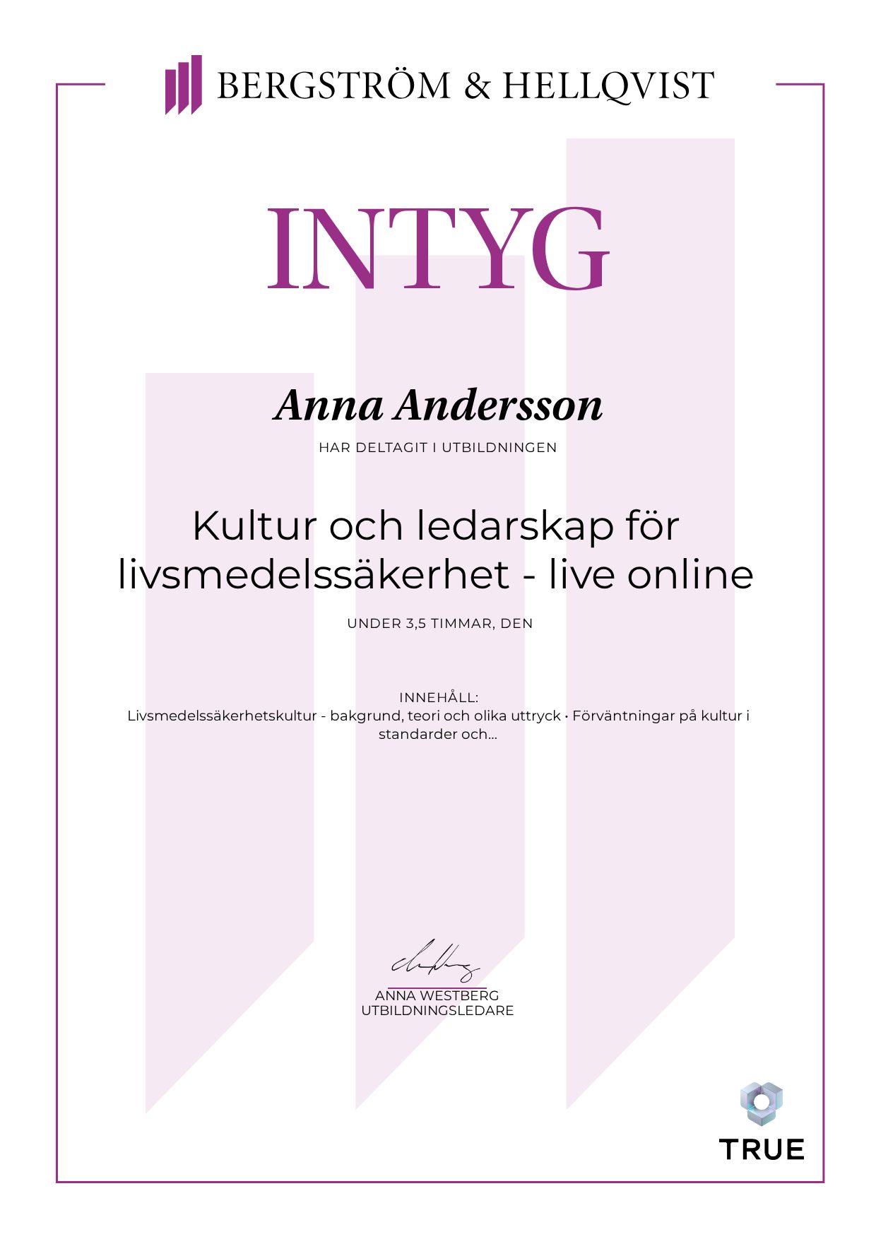Example certificate for Kultur och ledarskap för livsmedelssäkerhet - live online from Bergström & Hellqvist