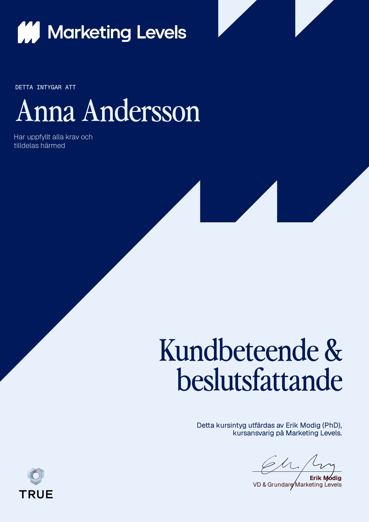 Example certificate for Kundbeteende & beslutsfattande from Marketing Levels Sweden AB