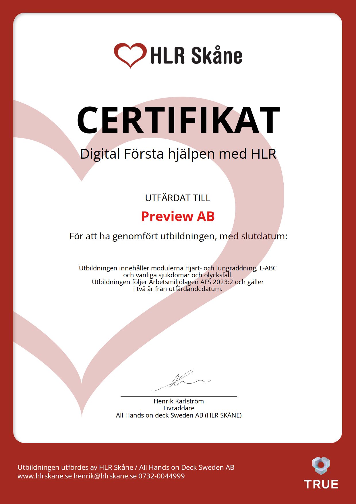 Exempel: diplom för Digital Första hjälpen med HLR från HLR Skåne - All Hands On Deck