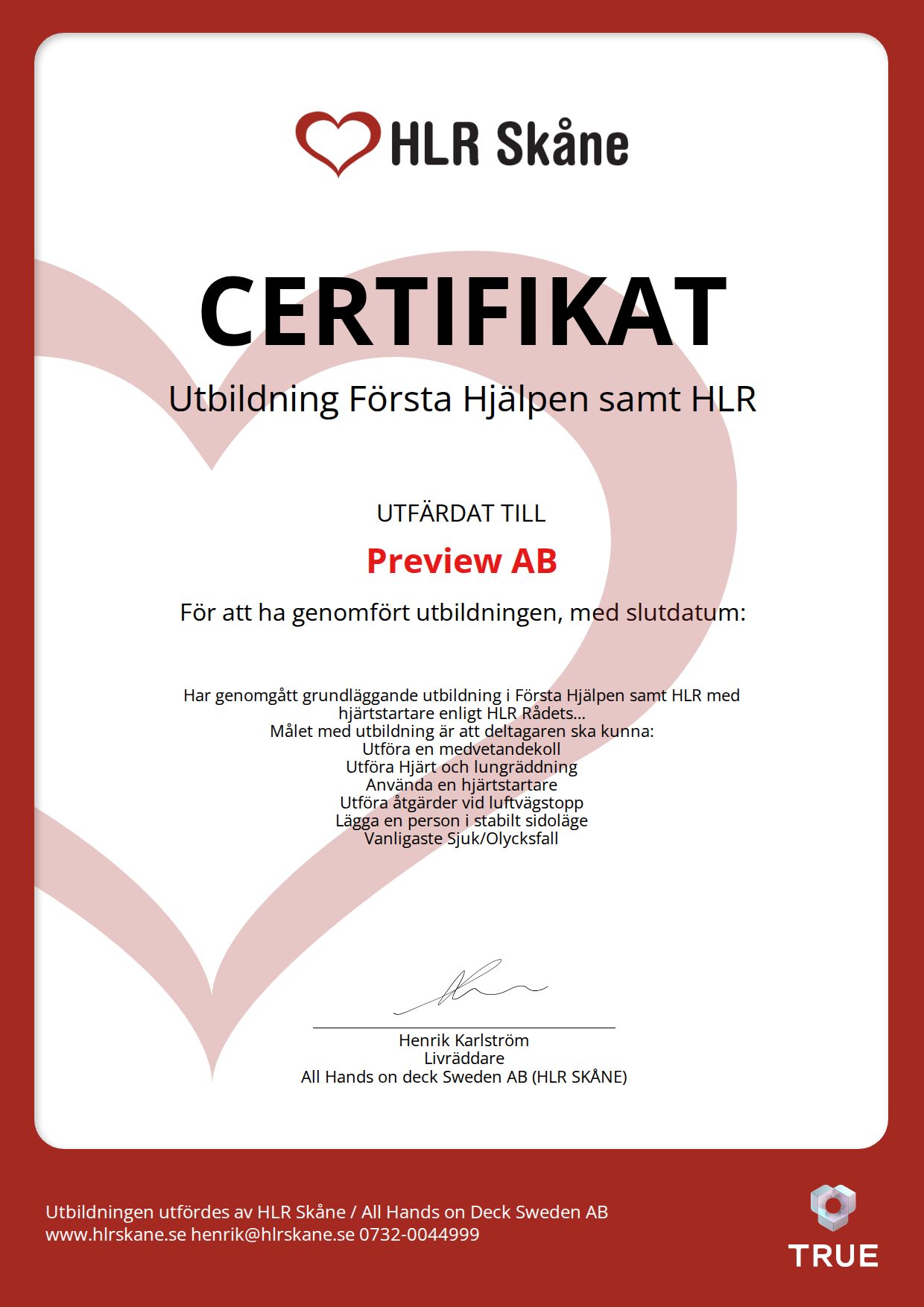 Example certificate for Utbildning Första Hjälpen samt HLR from HLR Skåne - All Hands On Deck