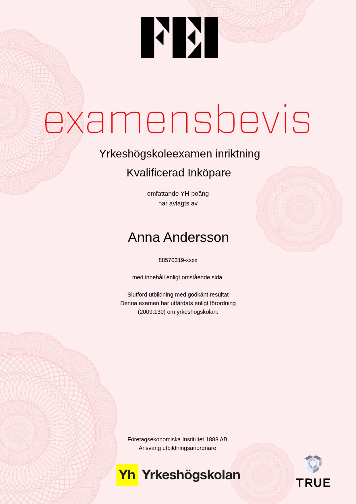 Exempel: diplom för Kvalificerad Inköpare från FEI - Företagsekonomiska Institutet