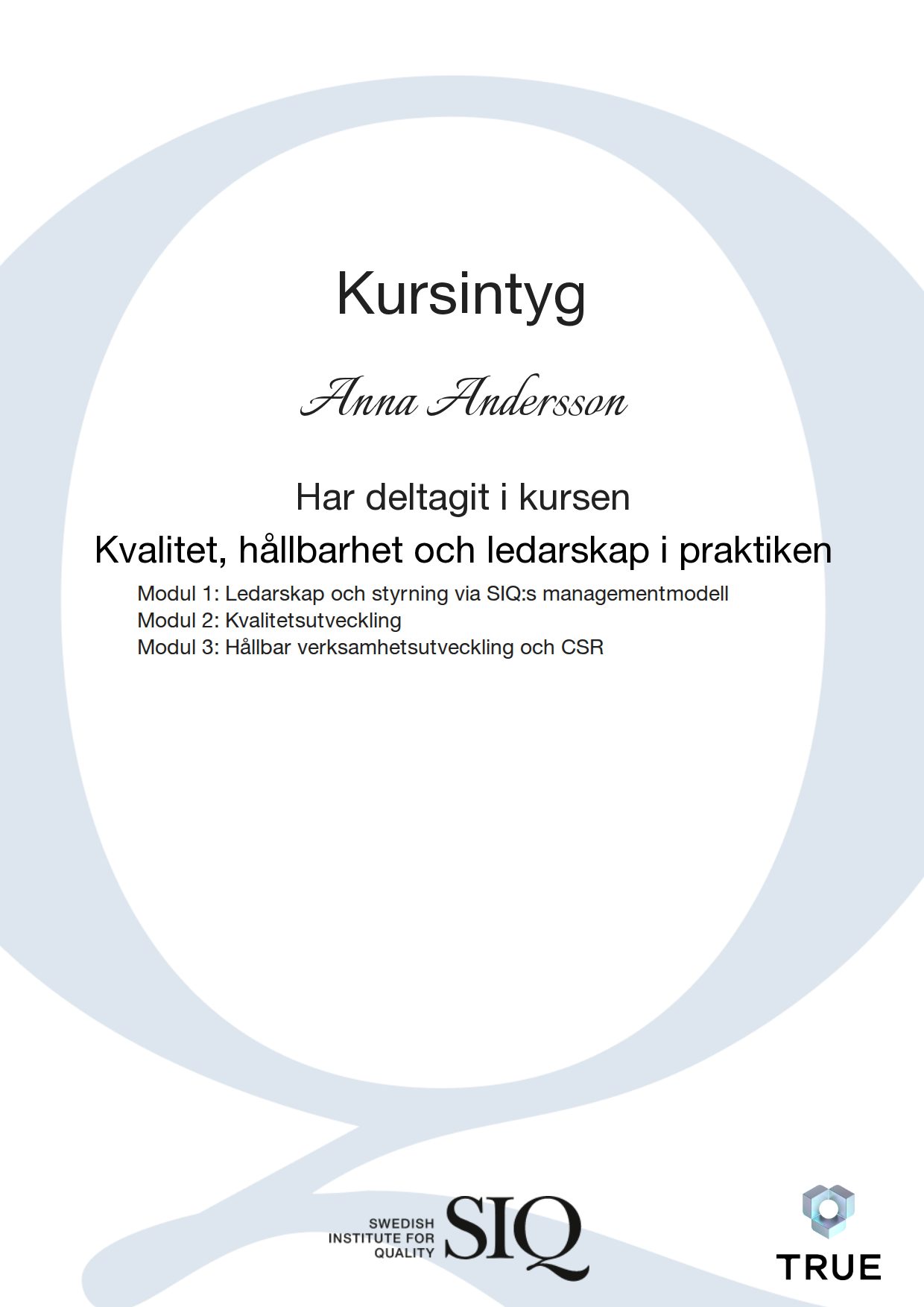Exempel: diplom för Kvalitet, hållbarhet och ledarskap i praktiken från SIQ - Institutet för Kvalitetsutveckling