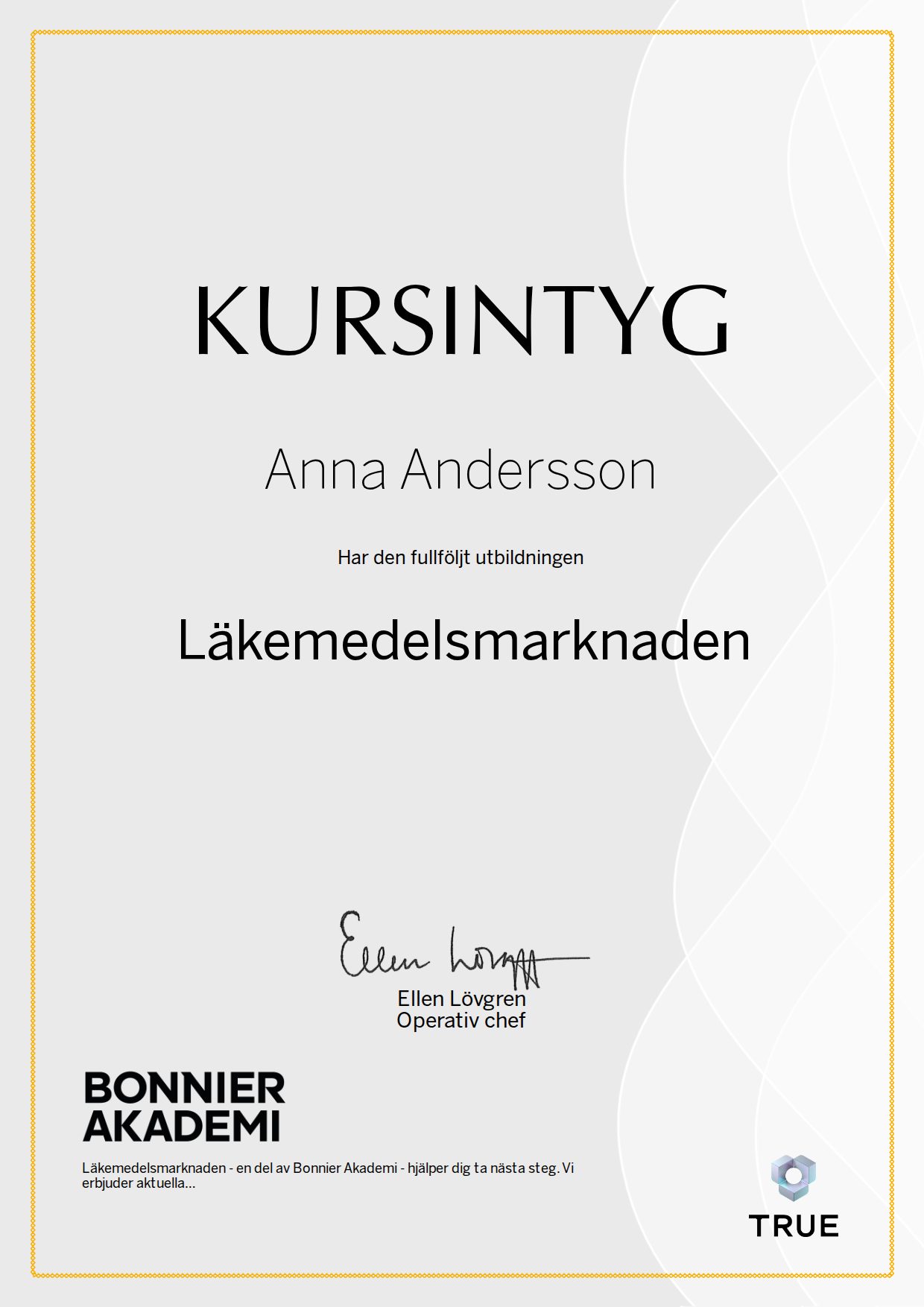 Exempel: diplom för Läkemedelsmarknaden från Bonnier Akademi
