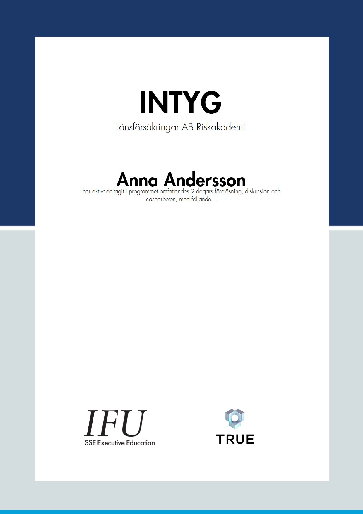 Exempel: diplom för Länsförsäkringar AB Riskakademi från SSE - Handelshögskolan Executive Education
