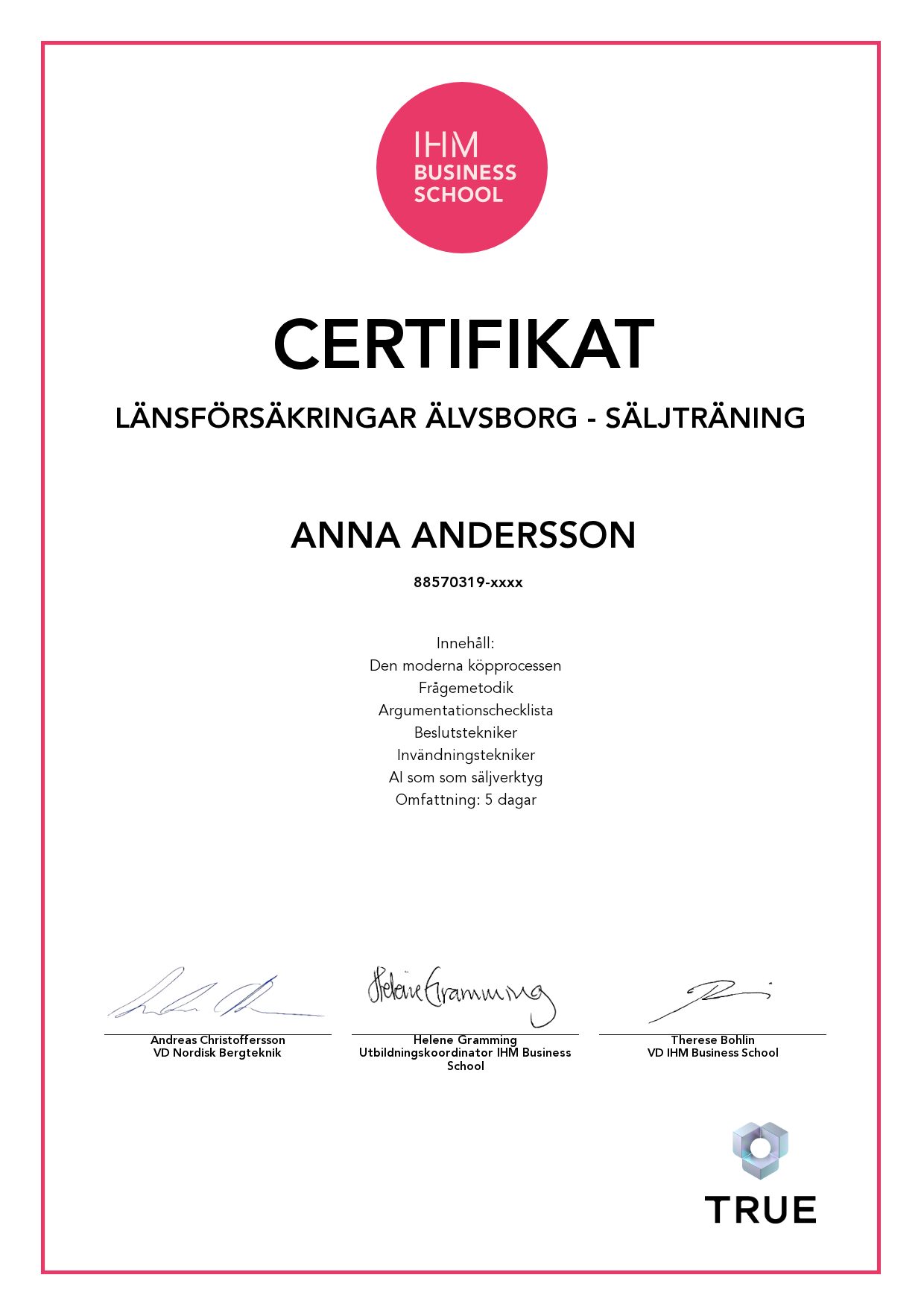 Exempel: diplom för Länsförsäkringar Älvsborg - Säljträning från IHM Business School