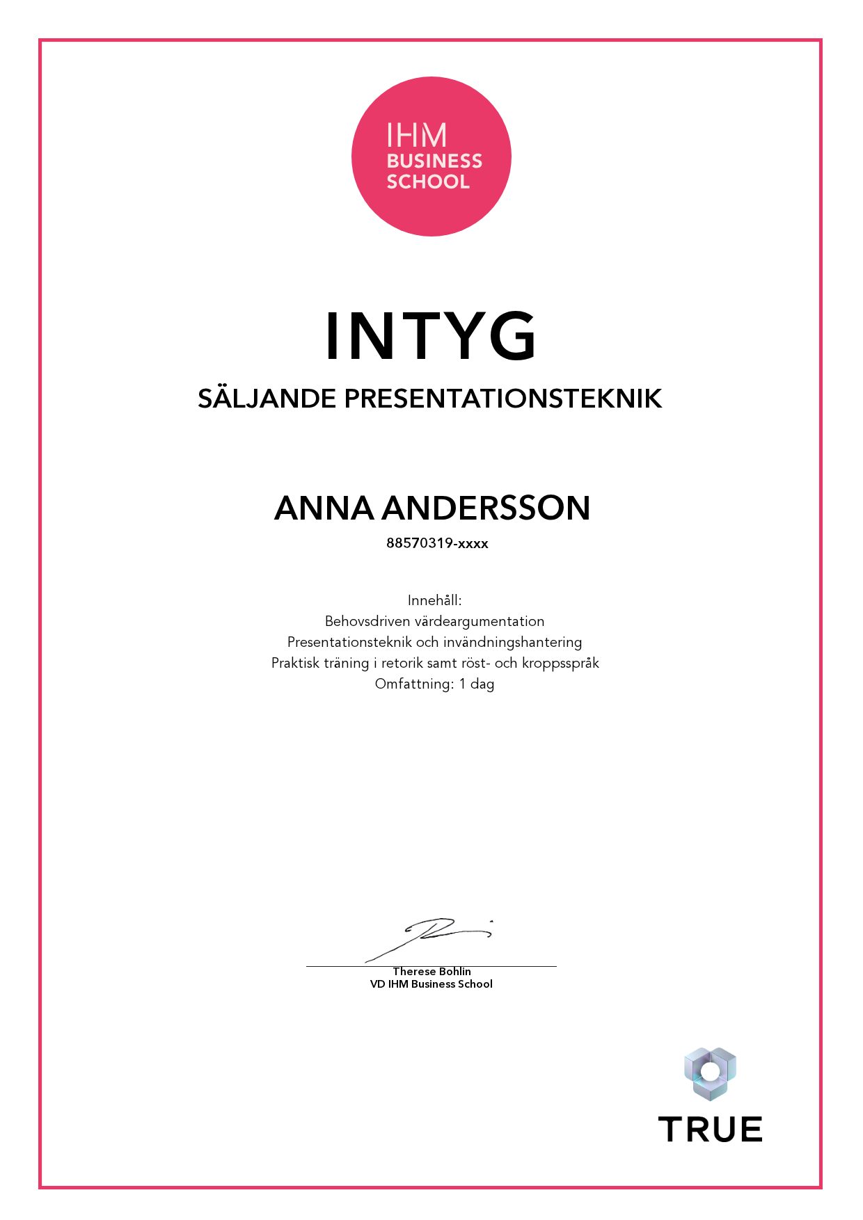 Exempel: diplom för Säljande presentationsteknik från IHM Business School
