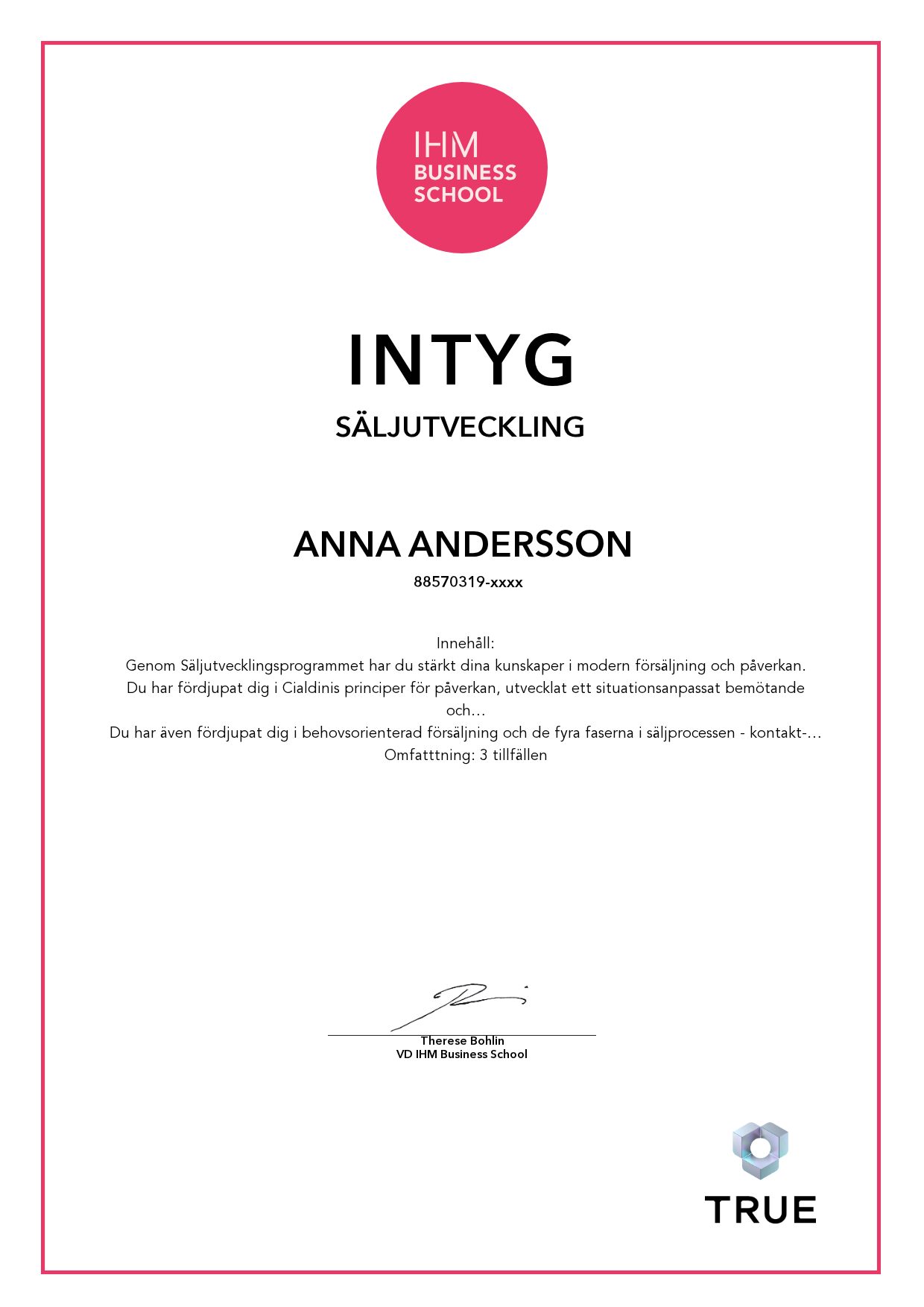 Exempel: diplom för Säljutveckling från IHM Business School
