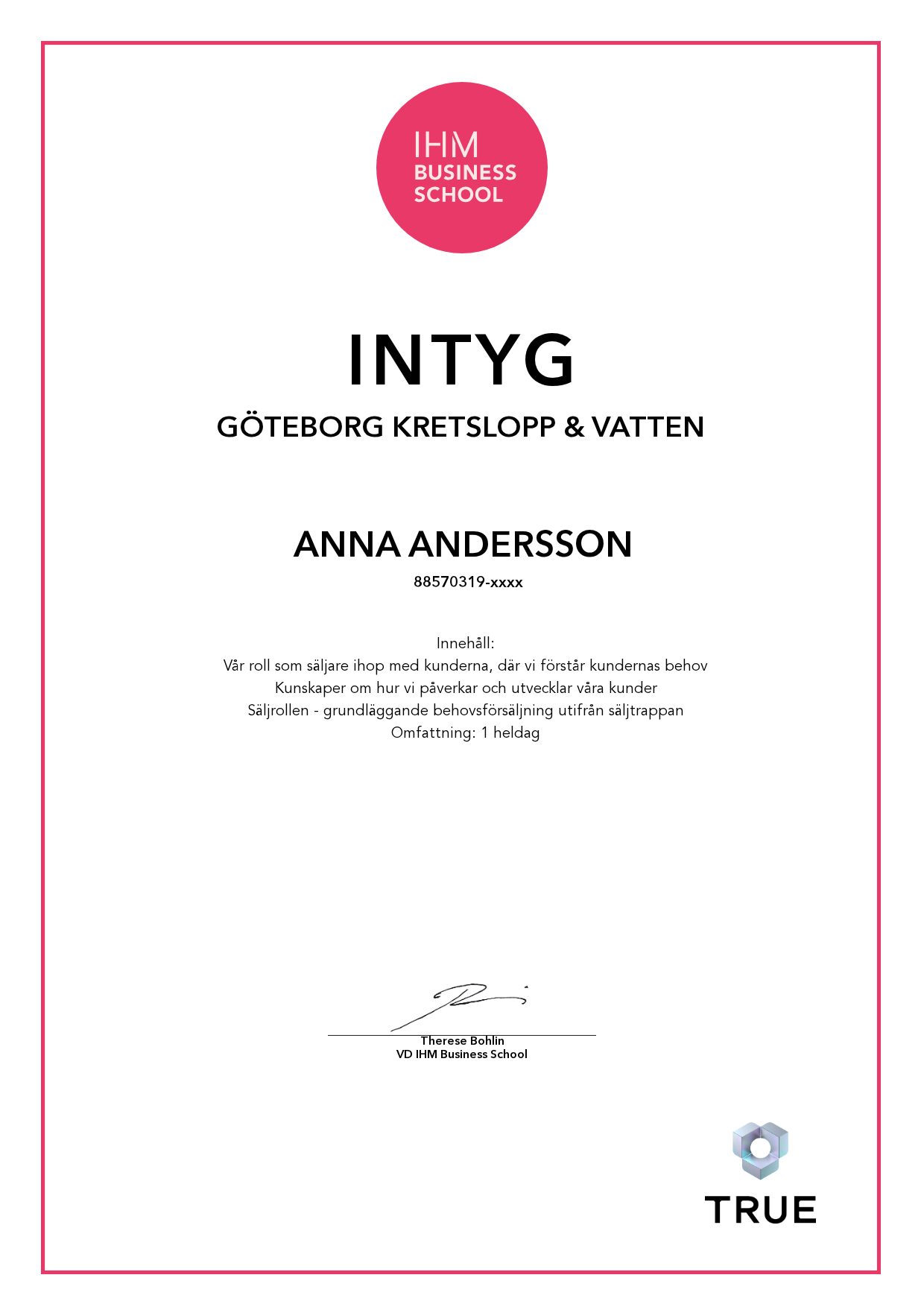 Exempel: diplom för Göteborg Kretslopp & Vatten från IHM Business School