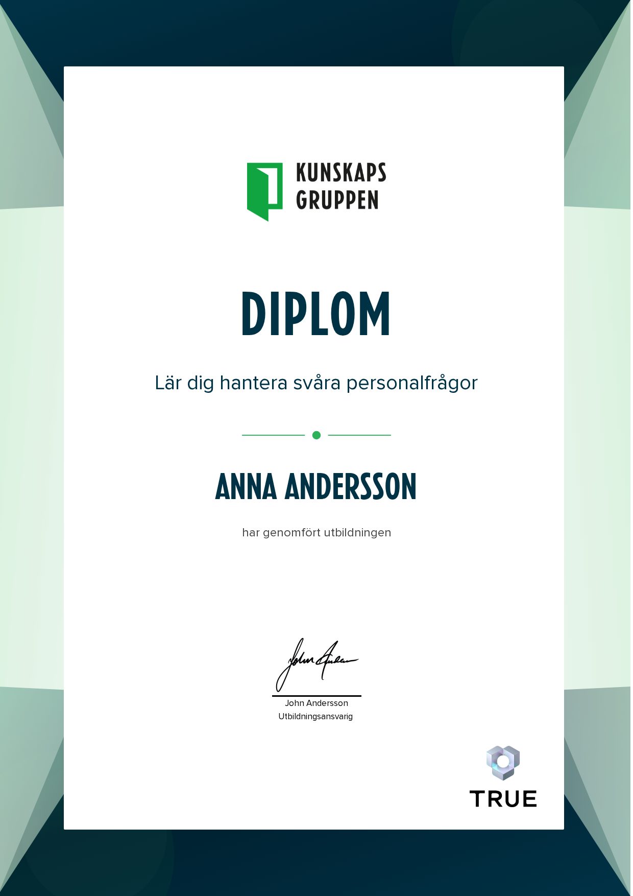 Exempel: diplom för Lär dig hantera svåra personalfrågor från Kunskapsgruppen