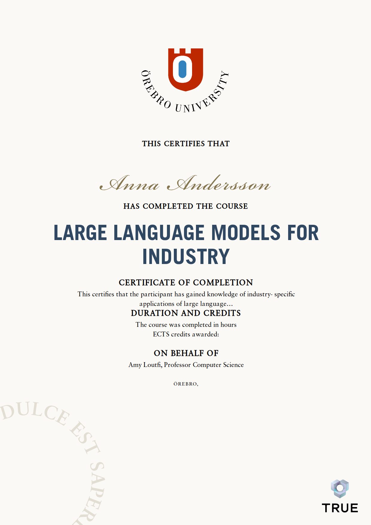 Exempel: diplom för Large language models for industry från Örebro universitet