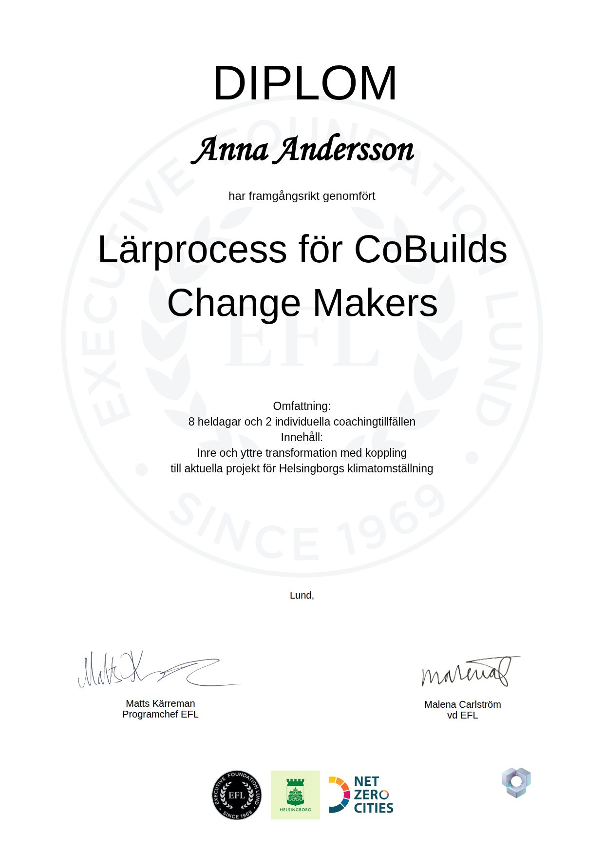 Exempel: diplom för Lärprocess för CoBuilds Change Makers från EFL Executive Education