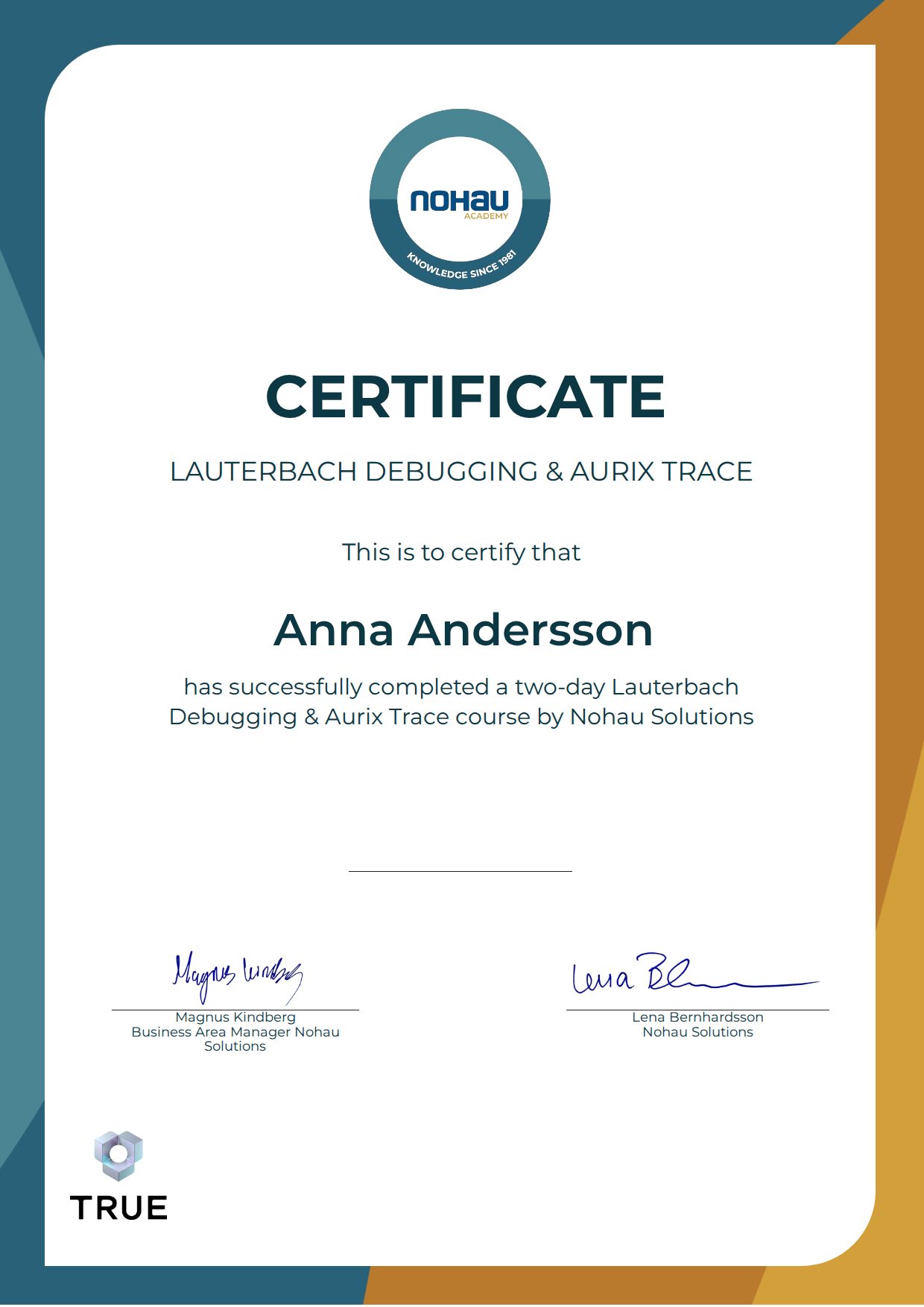 Exempel: diplom för LAUTERBACH DEBUGGING & AURIX TRACE från Nohau Academy