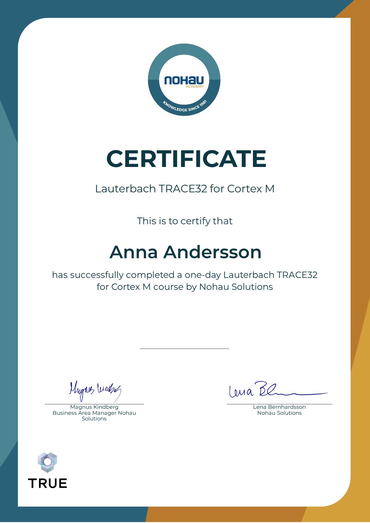 Exempel: diplom för Lauterbach TRACE32 for Cortex M från Nohau Academy