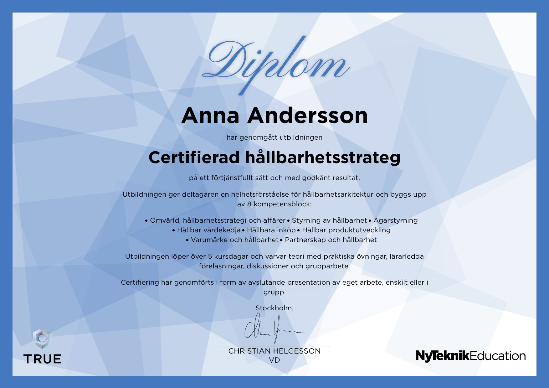 Exempel: diplom för Livscykelanalys från Ny Teknik Education