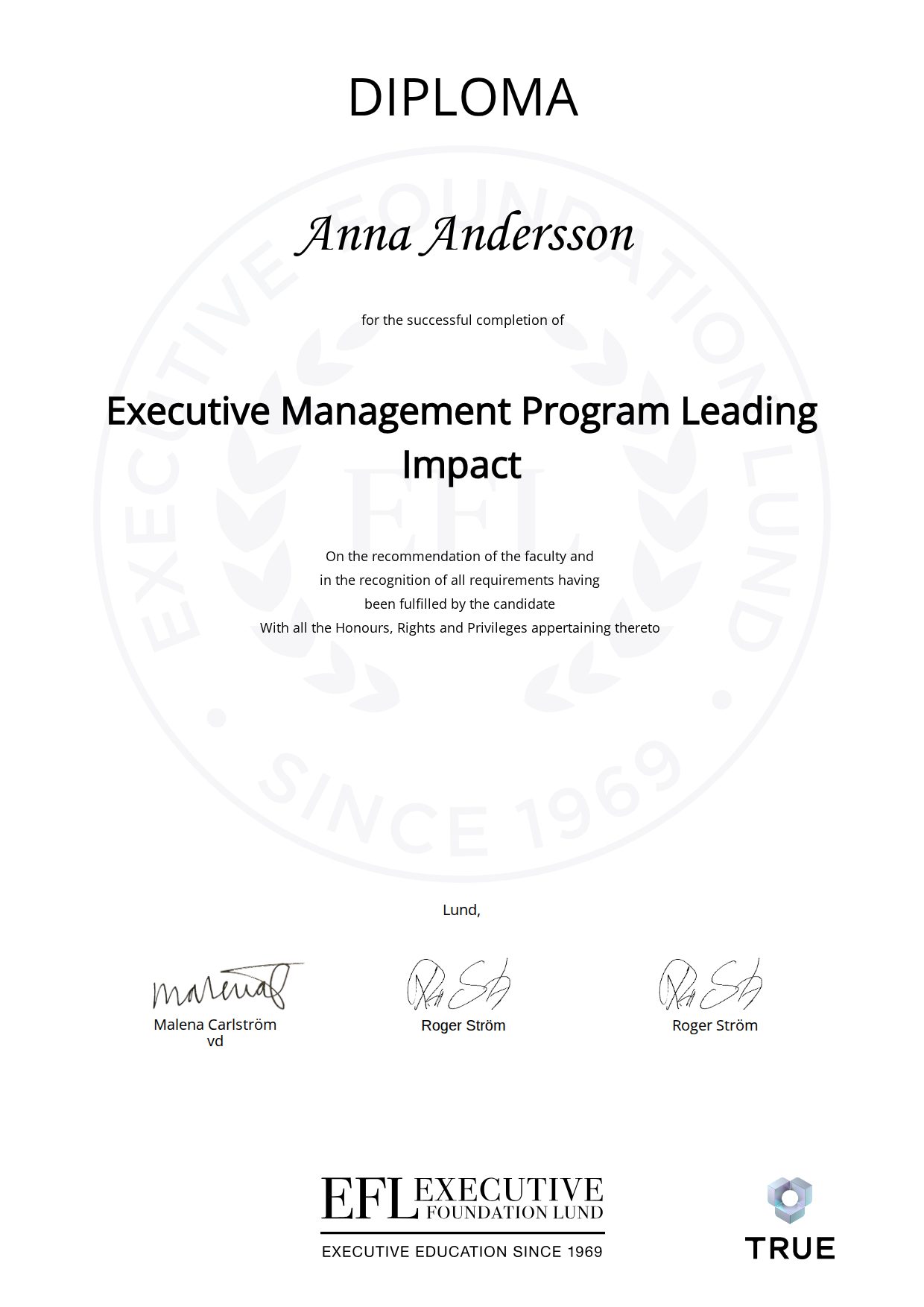 Exempel: diplom för Executive Management Program
Leading Impact från EFL Executive Education