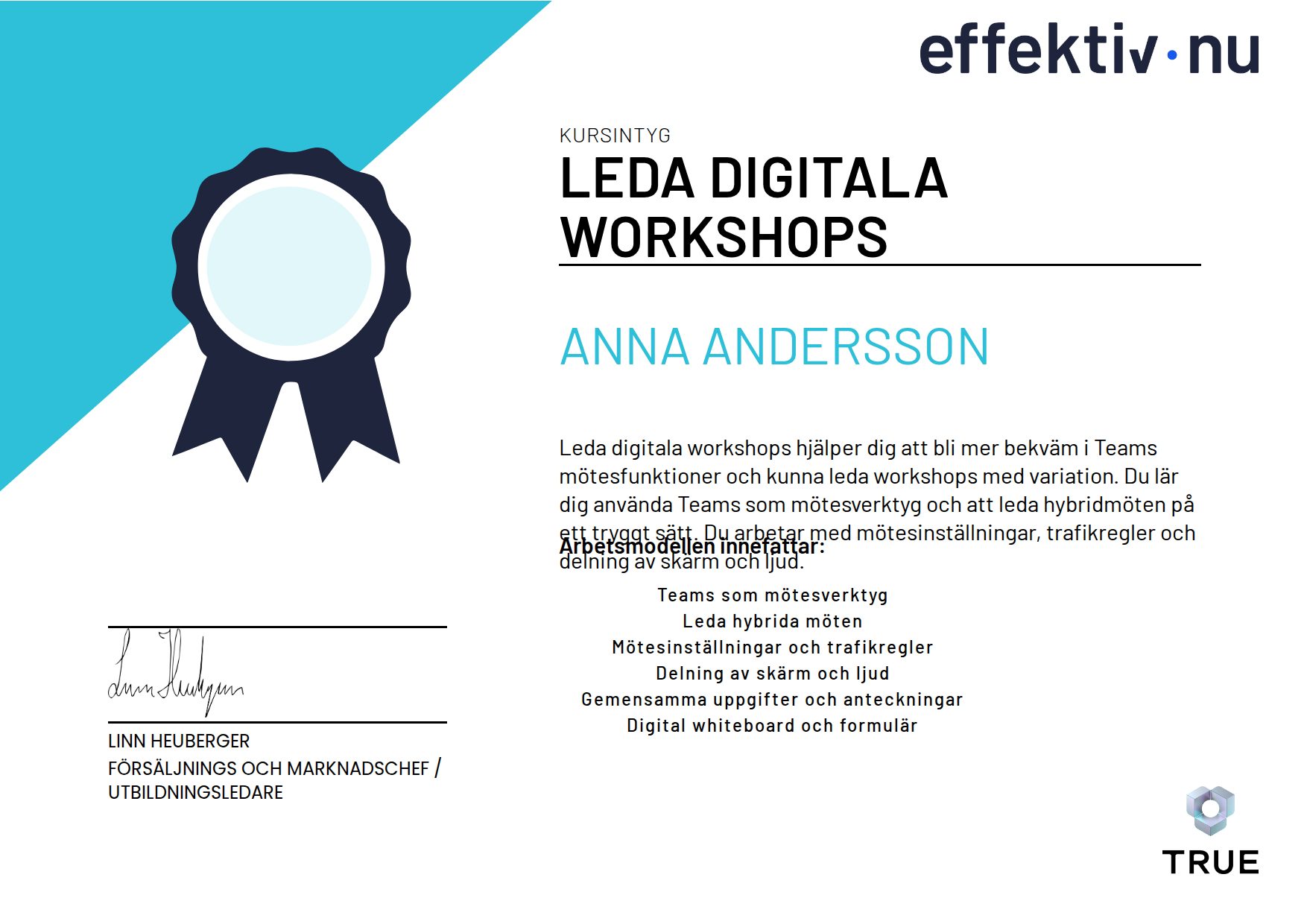 Exempel: diplom för Leda digitala workshops från Effektiv nu