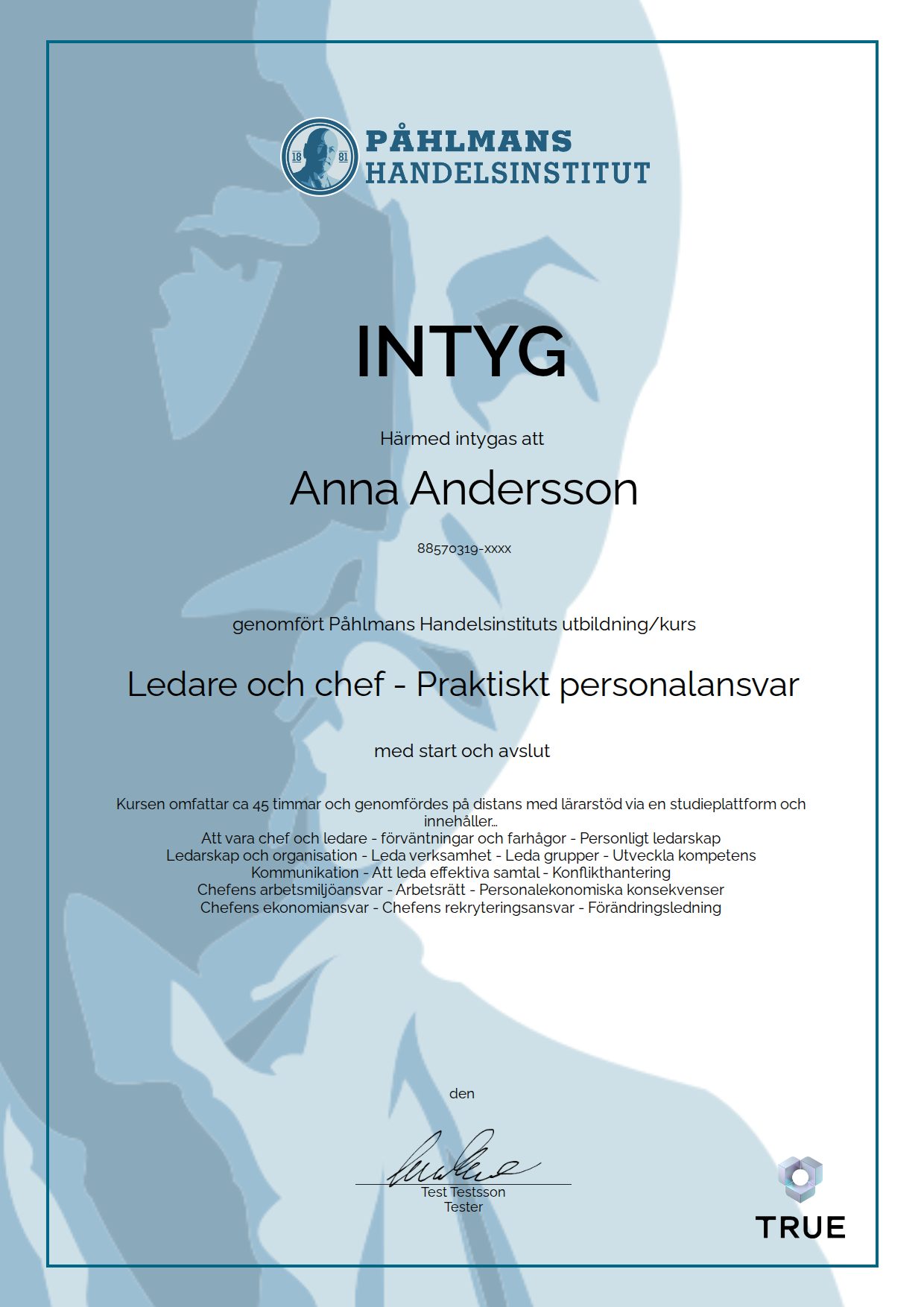 Exempel: diplom för Ledare och chef - Praktiskt personalansvar från Medborgarskolan- Påhlmans
