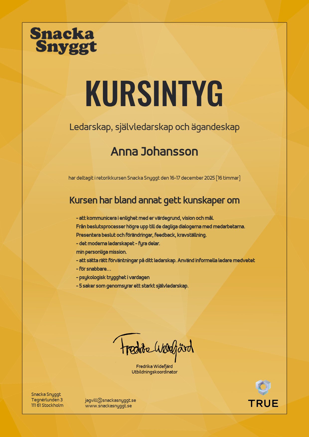 Exempel: diplom för Ledarskap, självledarskap och ägandeskap från Snacka Snyggt