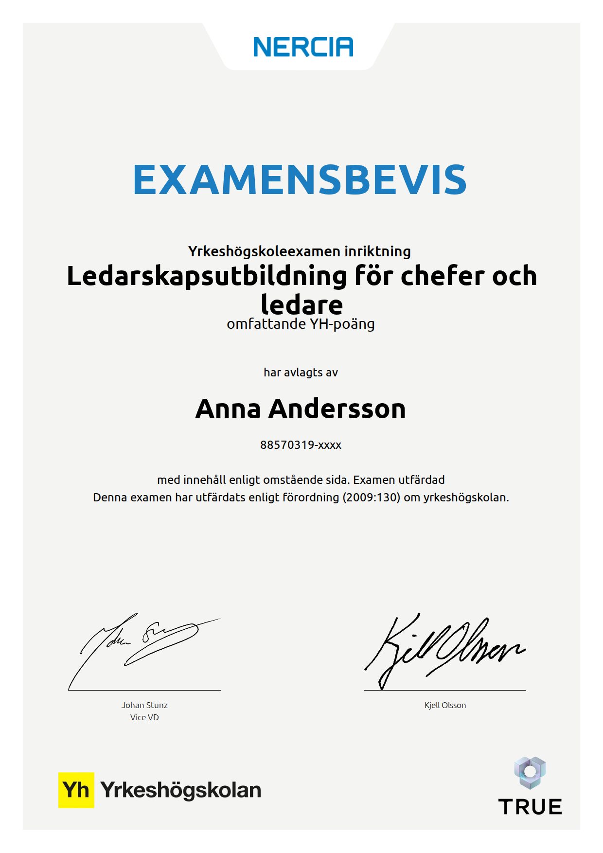 Exempel: diplom för Ledarskapsutbildning för chefer och ledare från NERCIA Utbildning