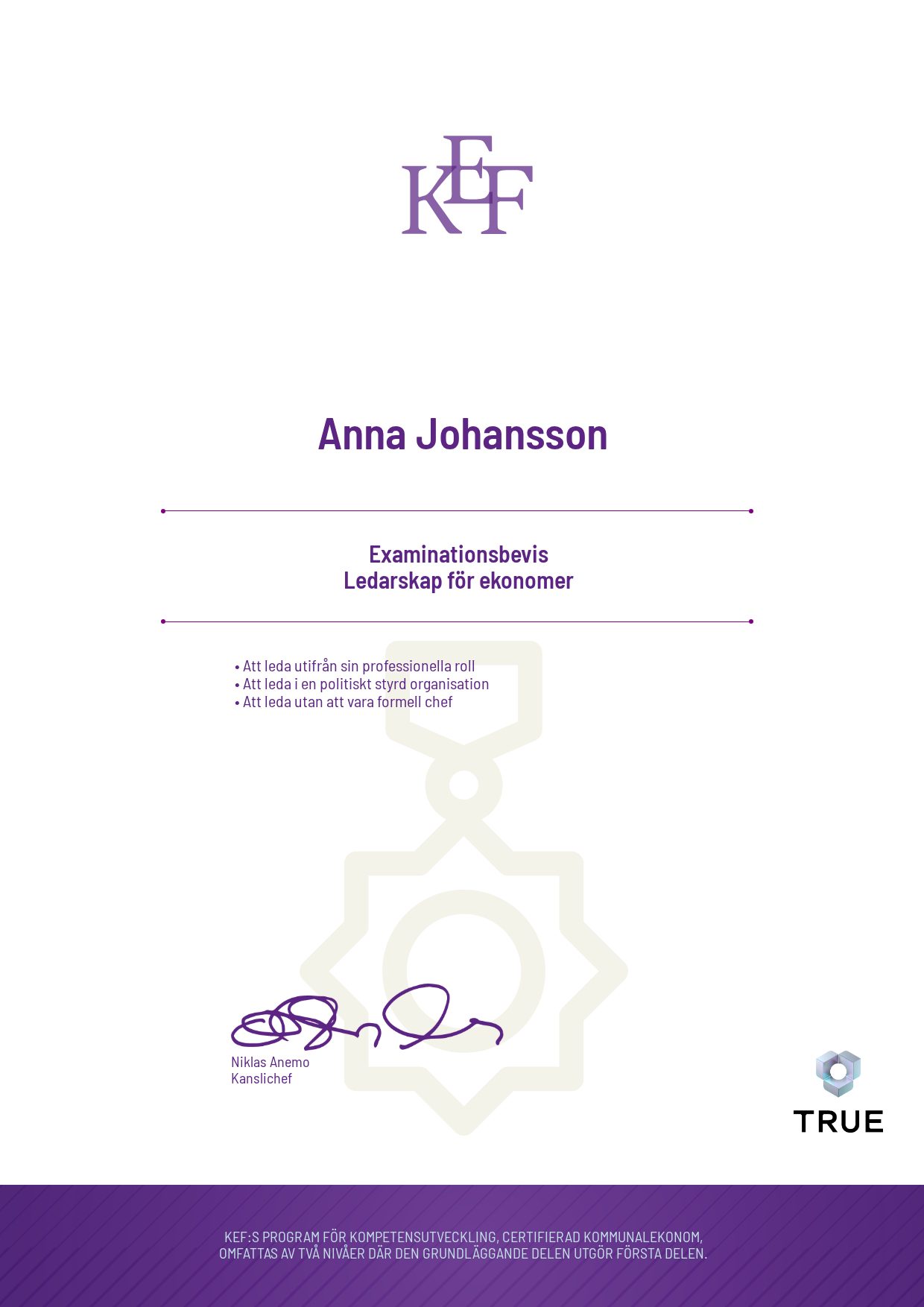 Example certificate for Ledarskap för ekonomer from KEF - Kommualekonomernas förening