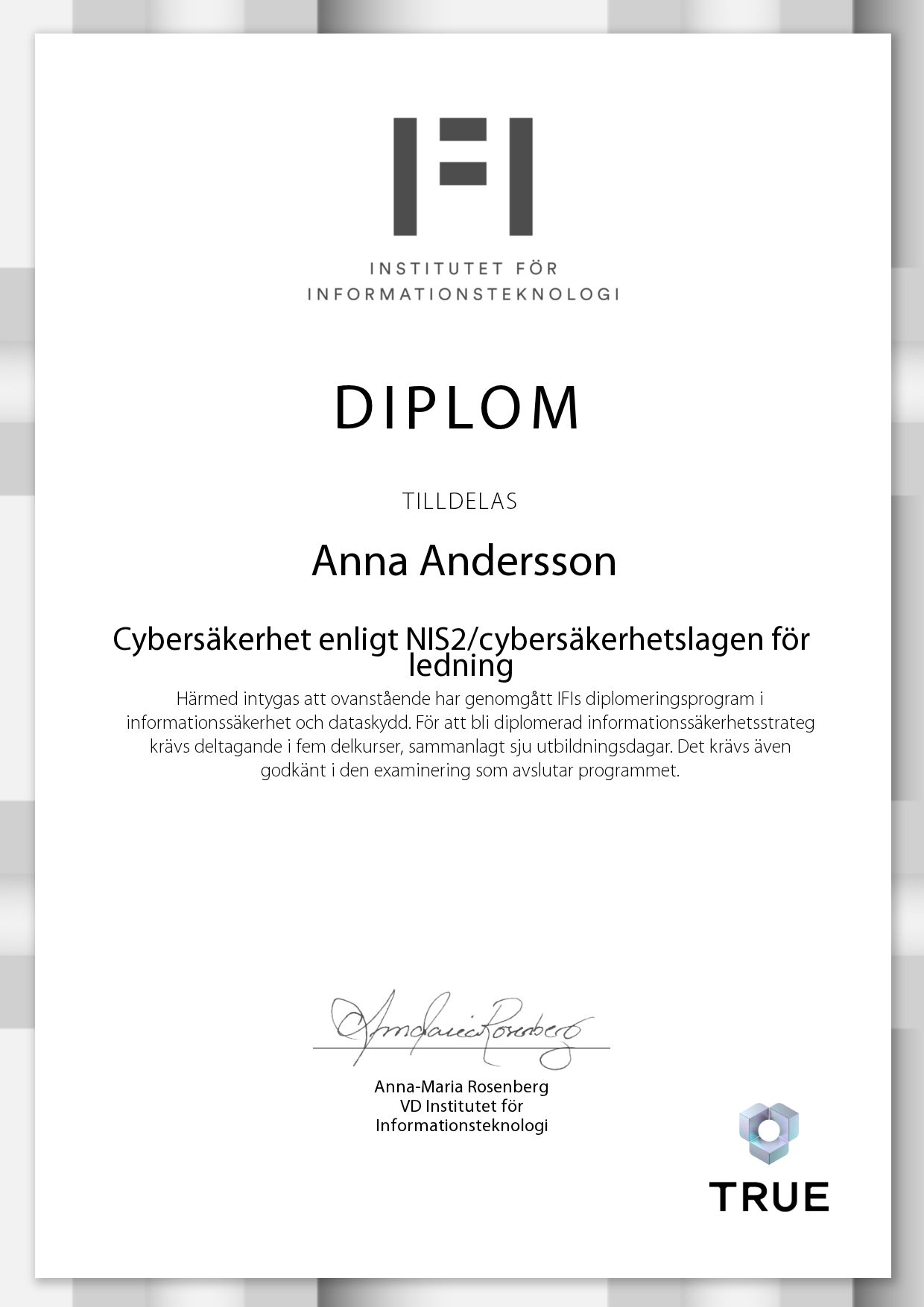 Example certificate for Cybersäkerhet enligt NIS2/cybersäkerhetslagen för ledning from IFI AB