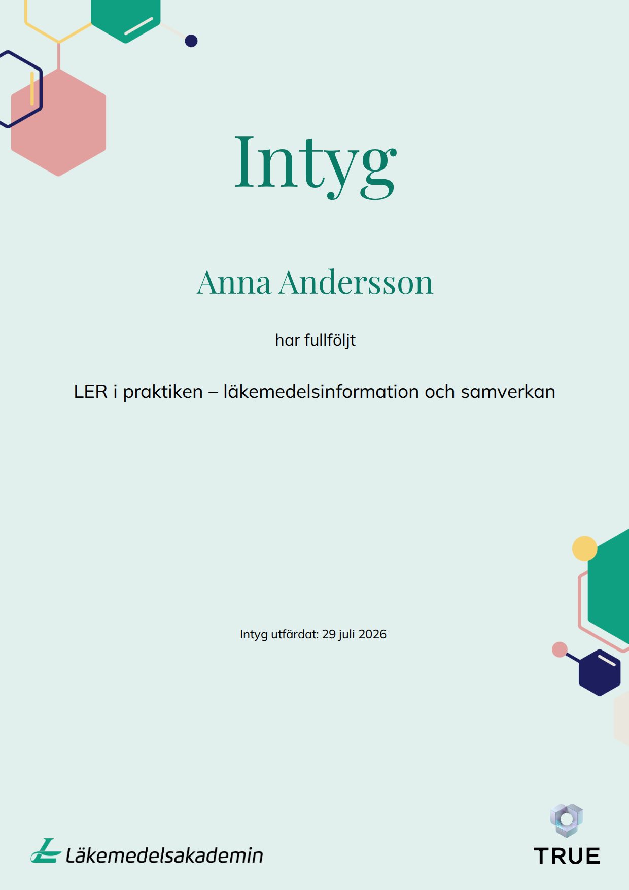Exempel: diplom för LER i praktiken – läkemedelsinformation och samverkan från Läkemedelsakademin
