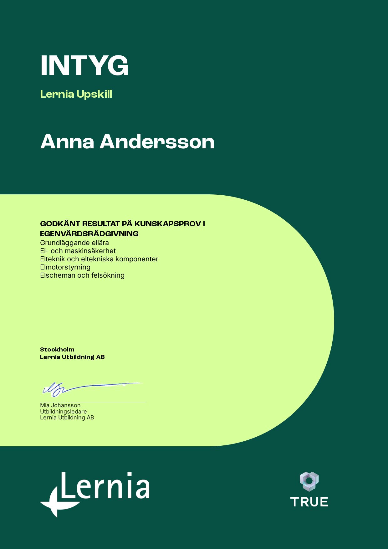 Exempel: diplom för Lernia Upskill från Lernia Utbildning