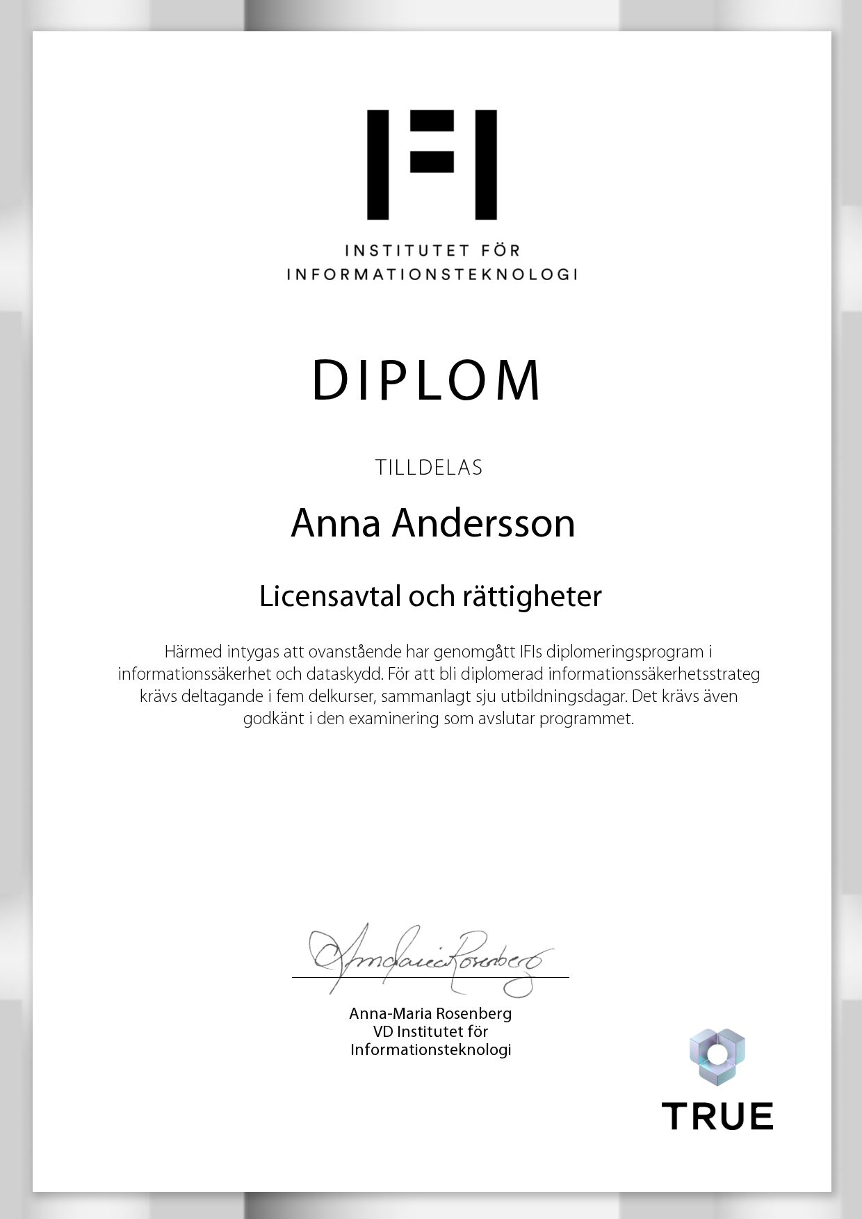 Exempel: diplom för Licensavtal och rättigheter från IFI AB