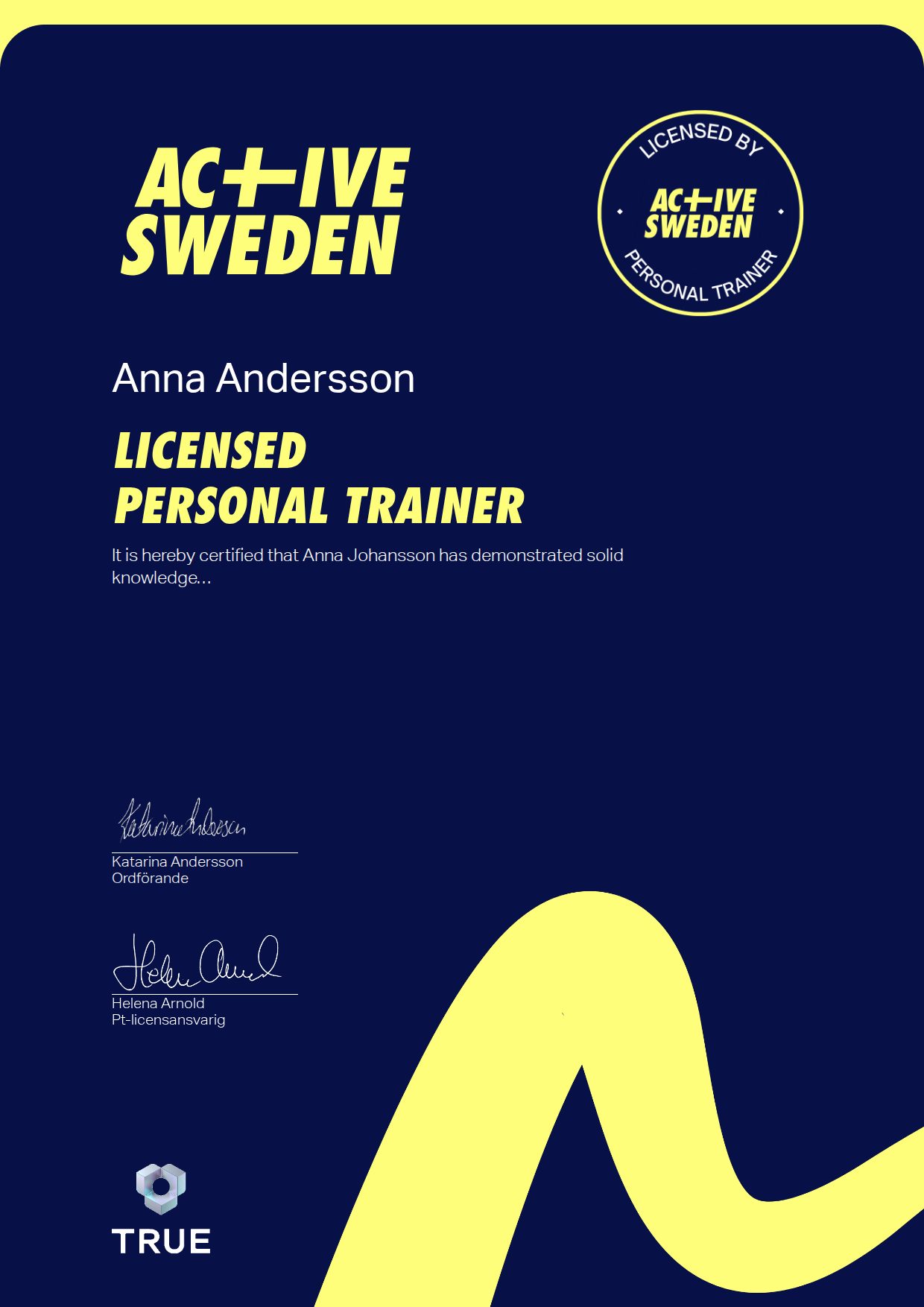 Exempel: diplom för Licensed Personal Trainer från Active Sweden -Friskvårdsföretagen