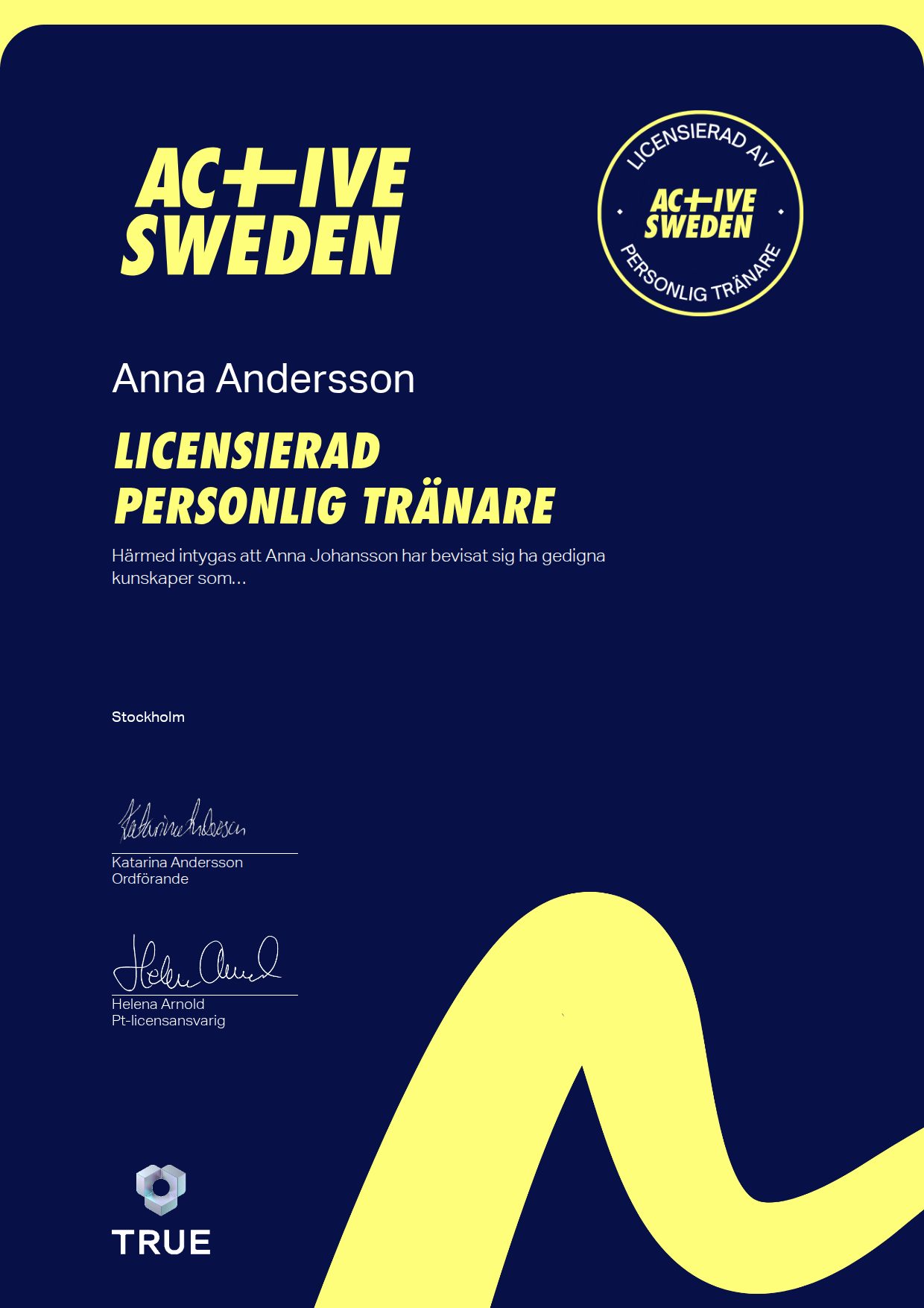 Exempel: diplom för Licensierad Personlig Tränare från Active Sweden -Friskvårdsföretagen