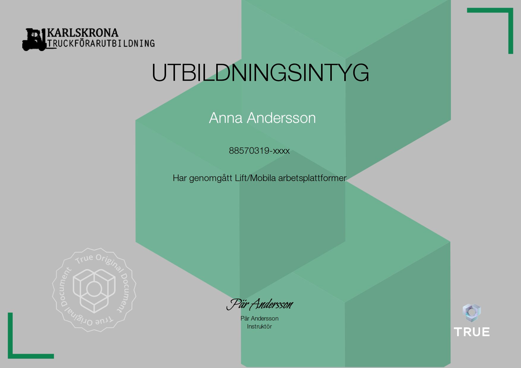 Example certificate for Lift/Mobila arbetsplattformer from Karlskrona Truckförarutbildning
