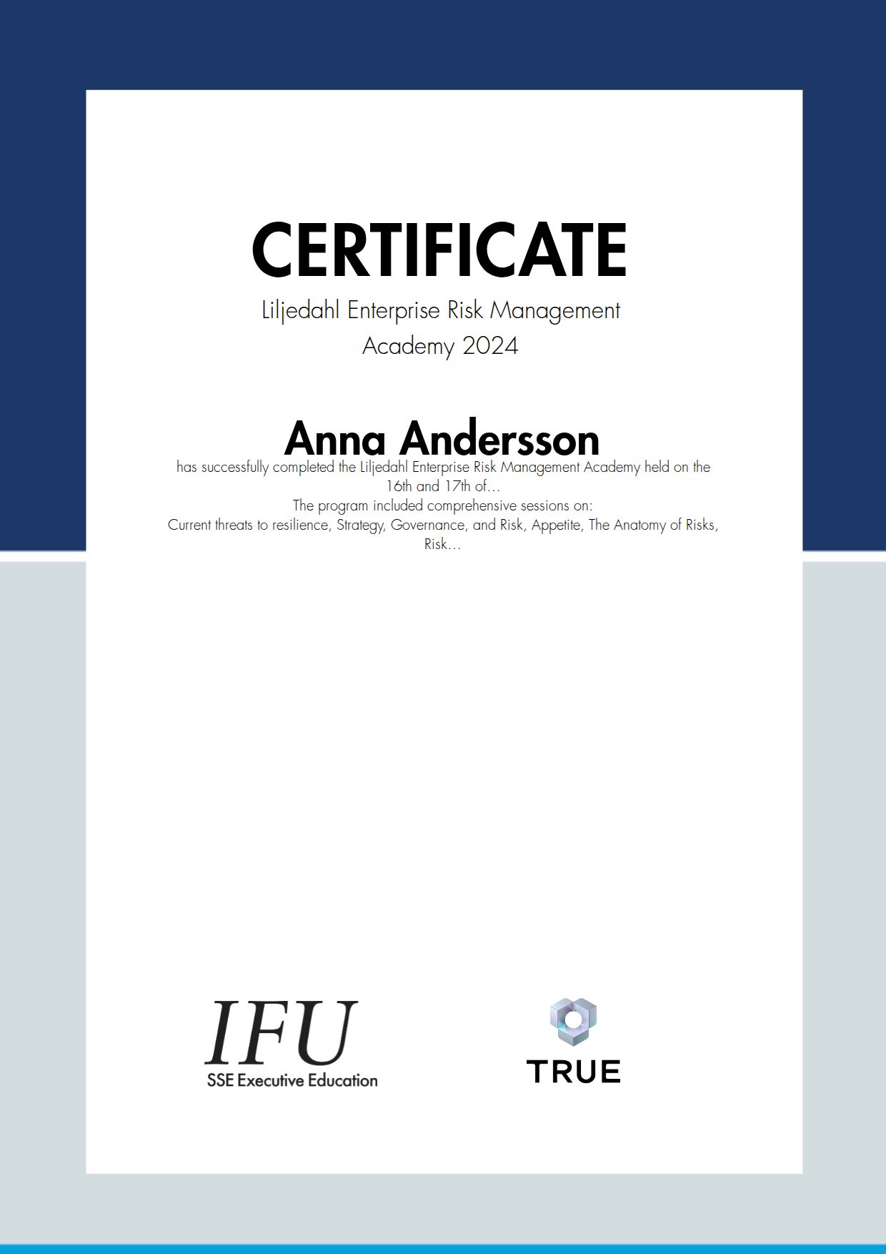 Exempel: diplom för Liljedahl Enterprise Risk Management Academy 2024 från SSE - Handelshögskolan Executive Education