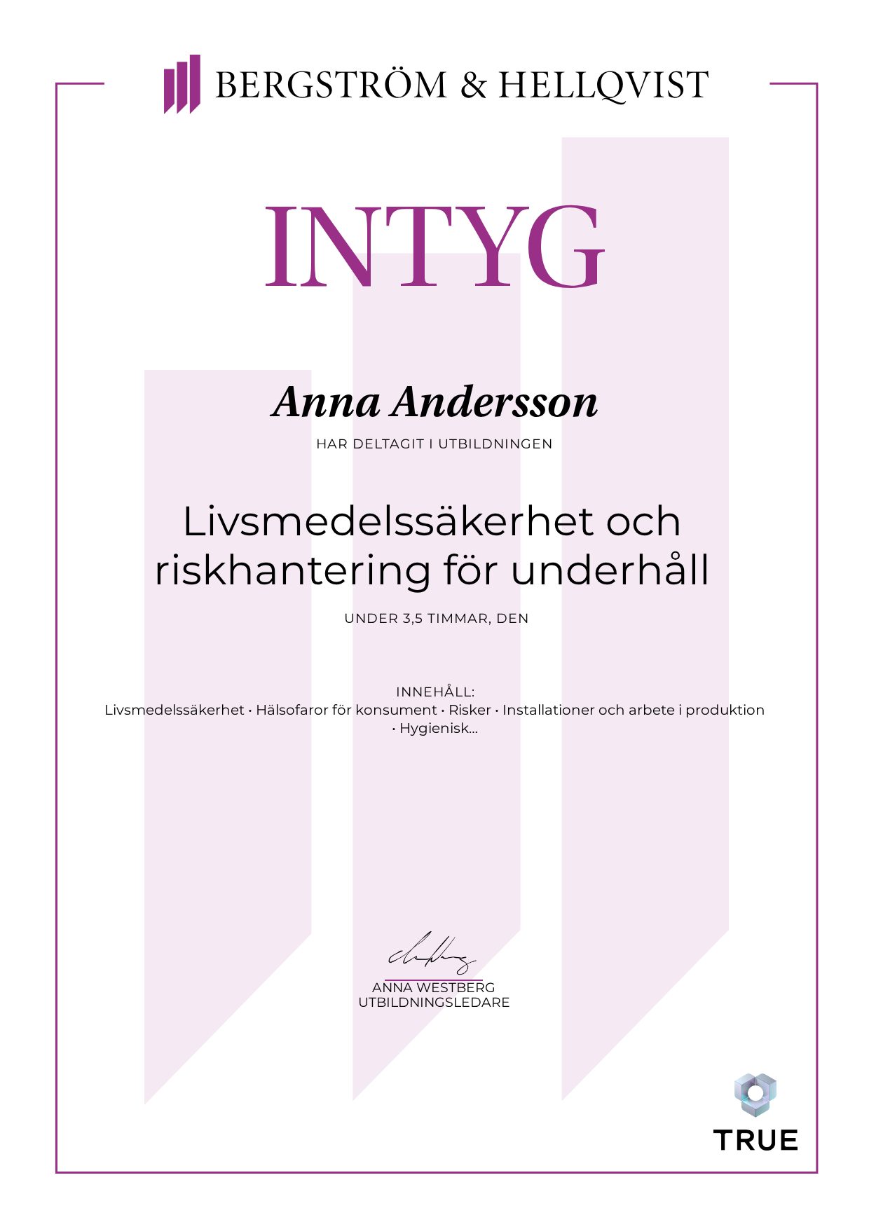Example certificate for Livsmedelssäkerhet och riskhantering för underhåll from Bergström & Hellqvist