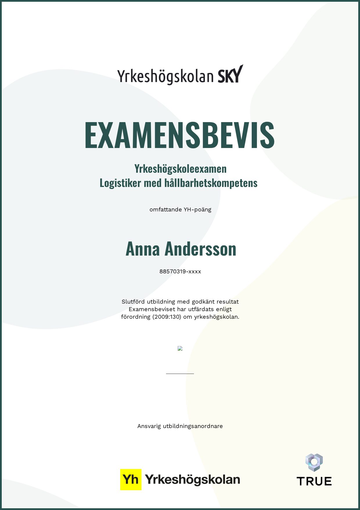 Exempel: diplom för Logistiker med hållbarhetskompetens från Yrkeshögskolan SKY