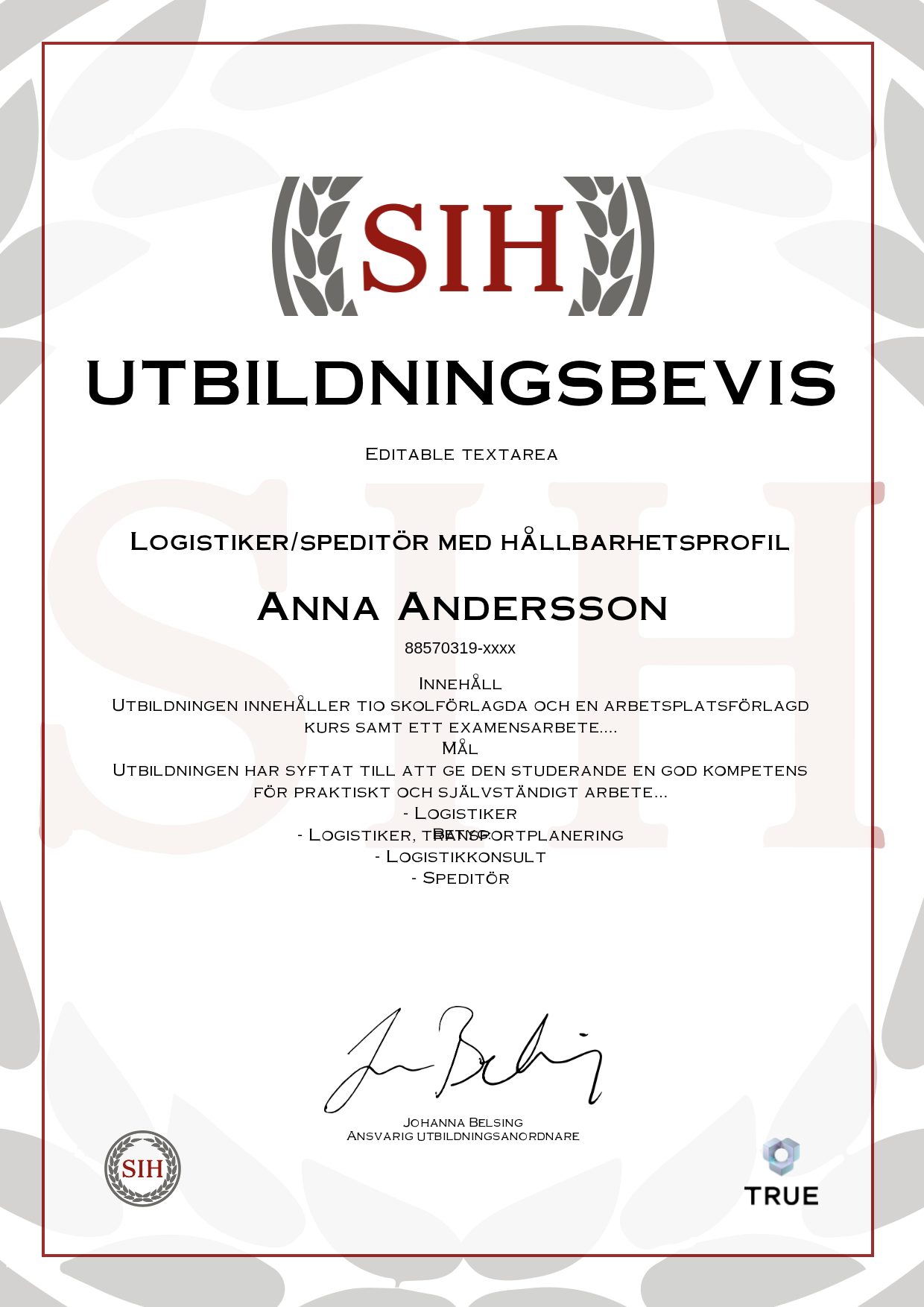Exempel: diplom för Logistiker/speditör med hållbarhetsprofil från SIH - Stockholms Internationella Handelsskola