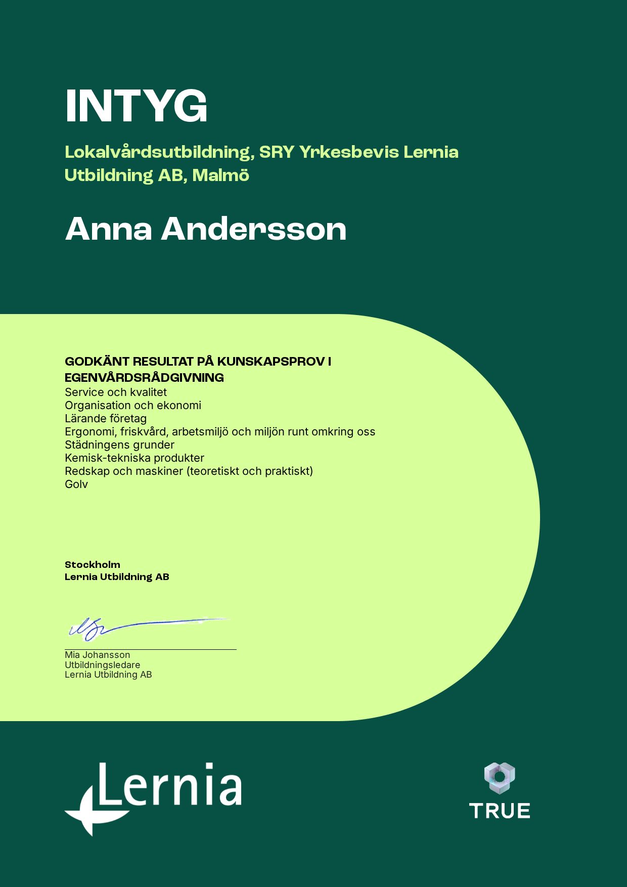 Exempel: diplom för Lokalvårdsutbildning, SRY Yrkesbevis Lernia Utbildning AB, Malmö från Lernia Utbildning