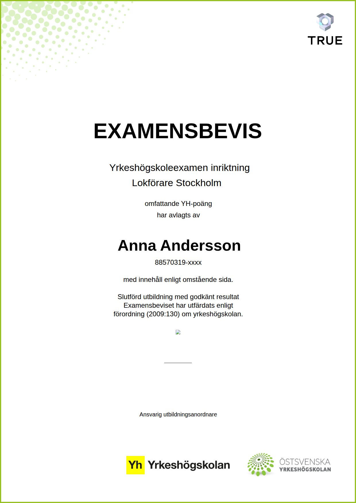 Exempel: diplom för Lokförare Stockholm från Östsvenska Yrkeshögskolan