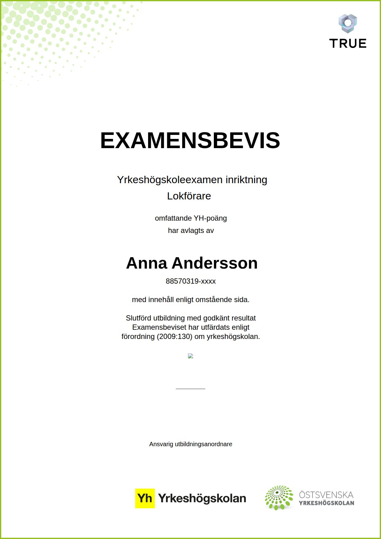 Exempel: diplom för Lokförare från Östsvenska Yrkeshögskolan
