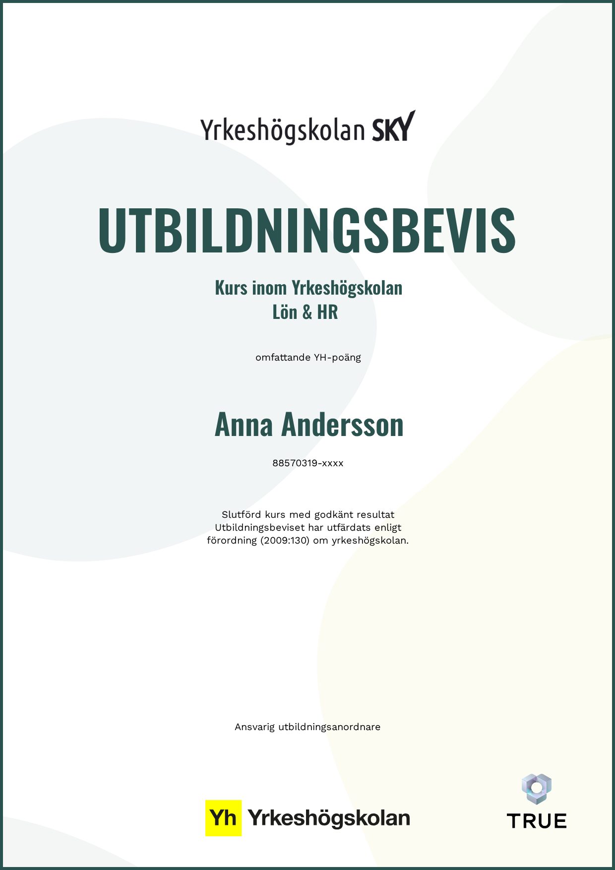 Example certificate for Lön & HR from Yrkeshögskolan SKY