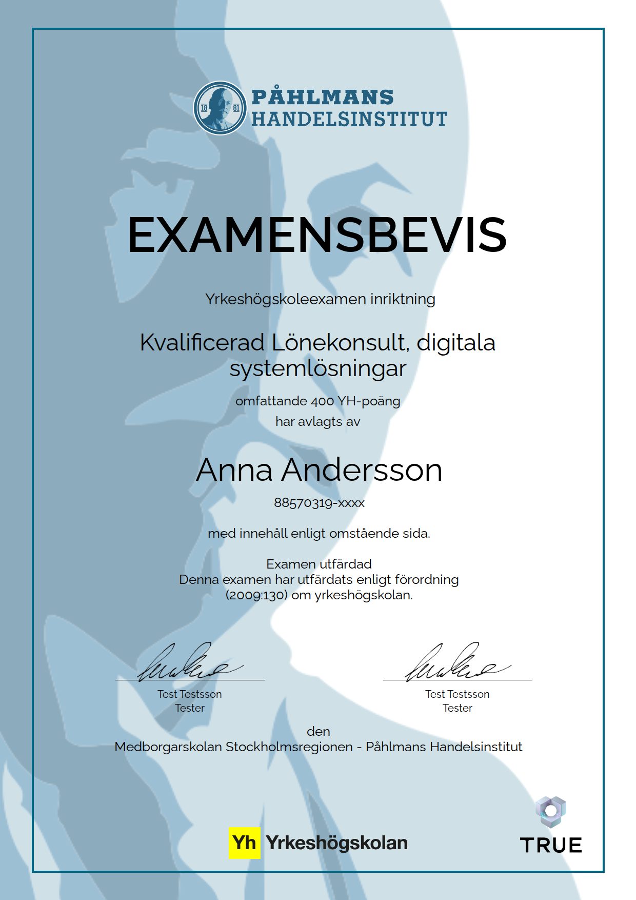 Exempel: diplom för Kvalificerad Lönekonsult, digitala systemlösningar från Medborgarskolan- Påhlmans